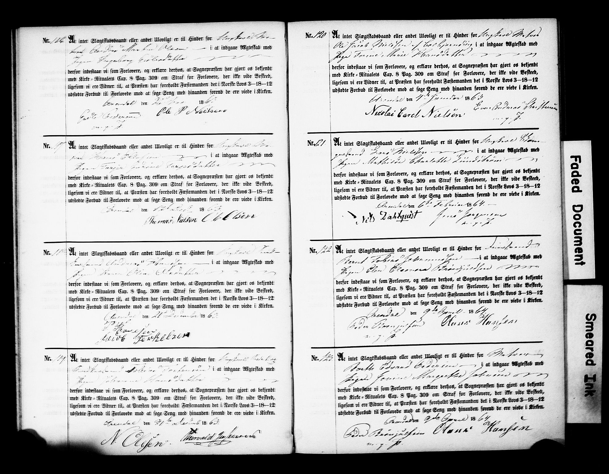 Arendal sokneprestkontor, Trefoldighet, AV/SAK-1111-0040/F/Fe/L0001: Best man's statements no. A VI 1, 1857-1875