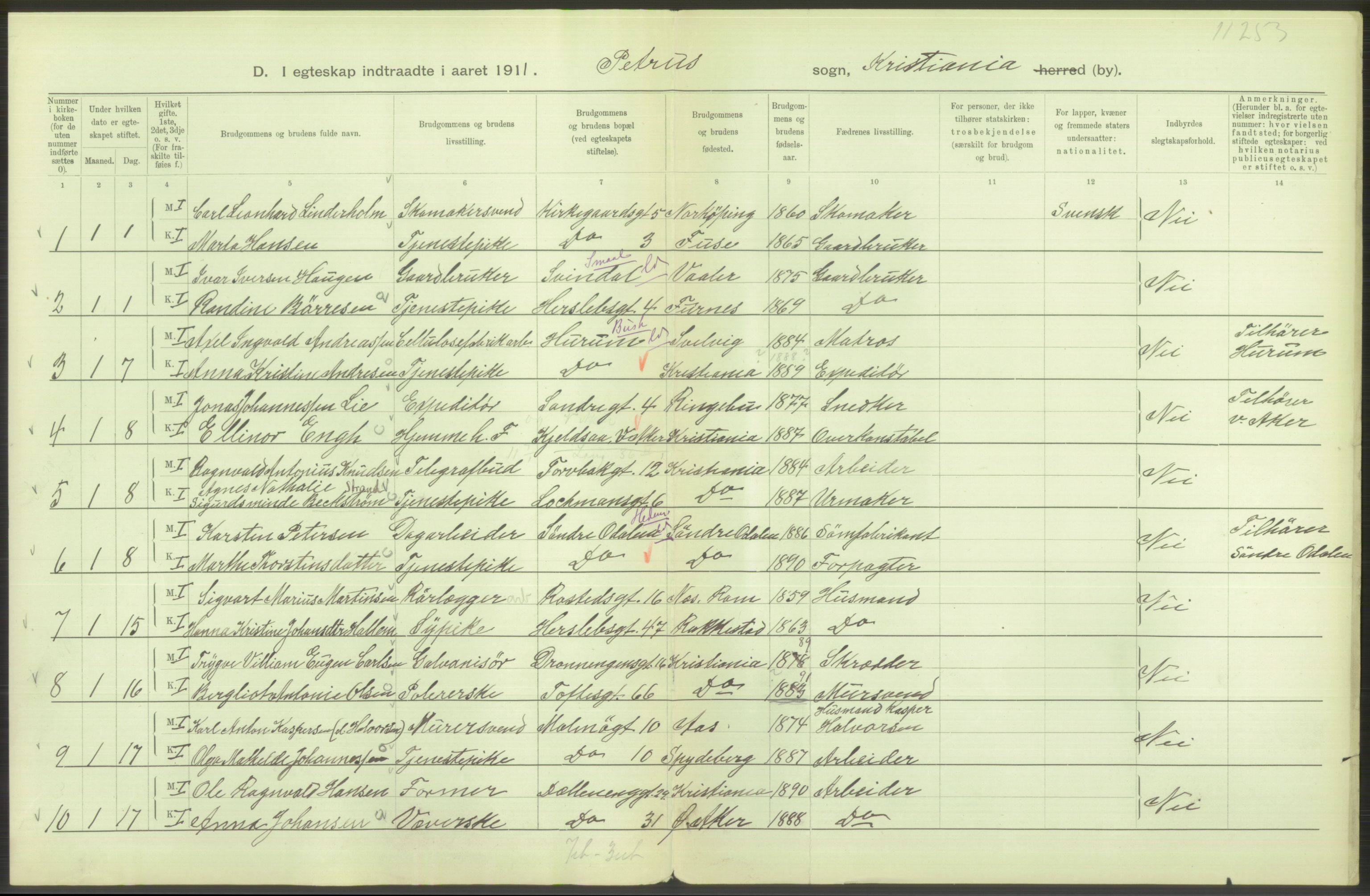 Statistisk sentralbyrå, Sosiodemografiske emner, Befolkning, AV/RA-S-2228/D/Df/Dfb/Dfba/L0008: Kristiania: Gifte, 1911, p. 2