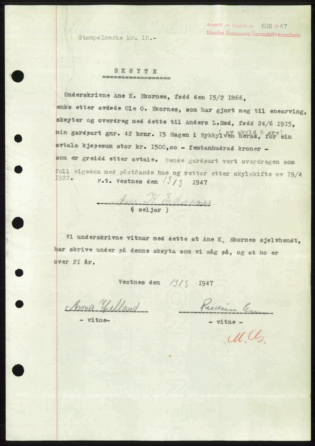 Nordre Sunnmøre sorenskriveri, AV/SAT-A-0006/1/2/2C/2Ca: Mortgage book no. A24, 1947-1947, Diary no: : 635/1947