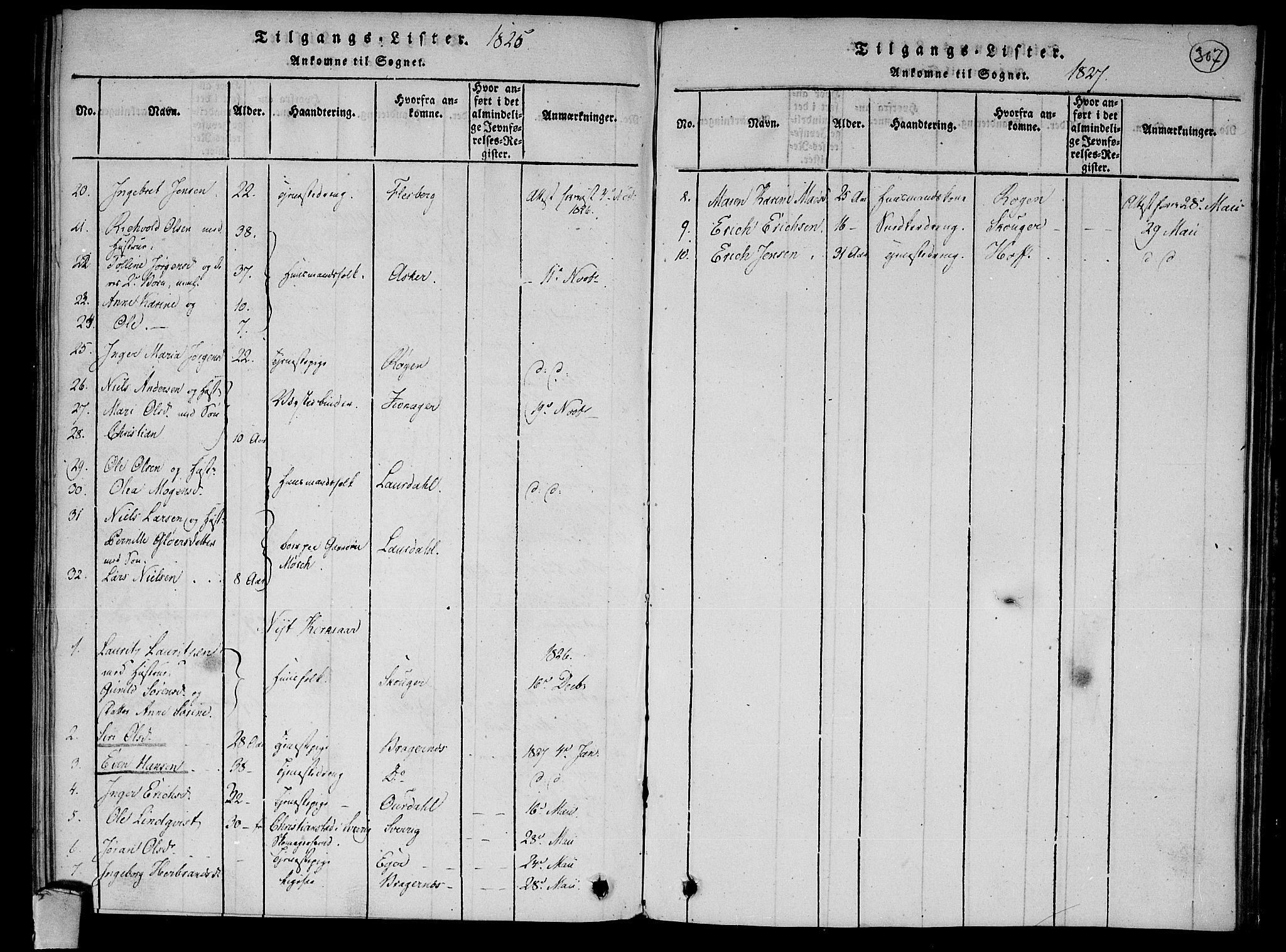 Lier kirkebøker, AV/SAKO-A-230/F/Fa/L0009: Parish register (official) no. I 9, 1824-1827, p. 307