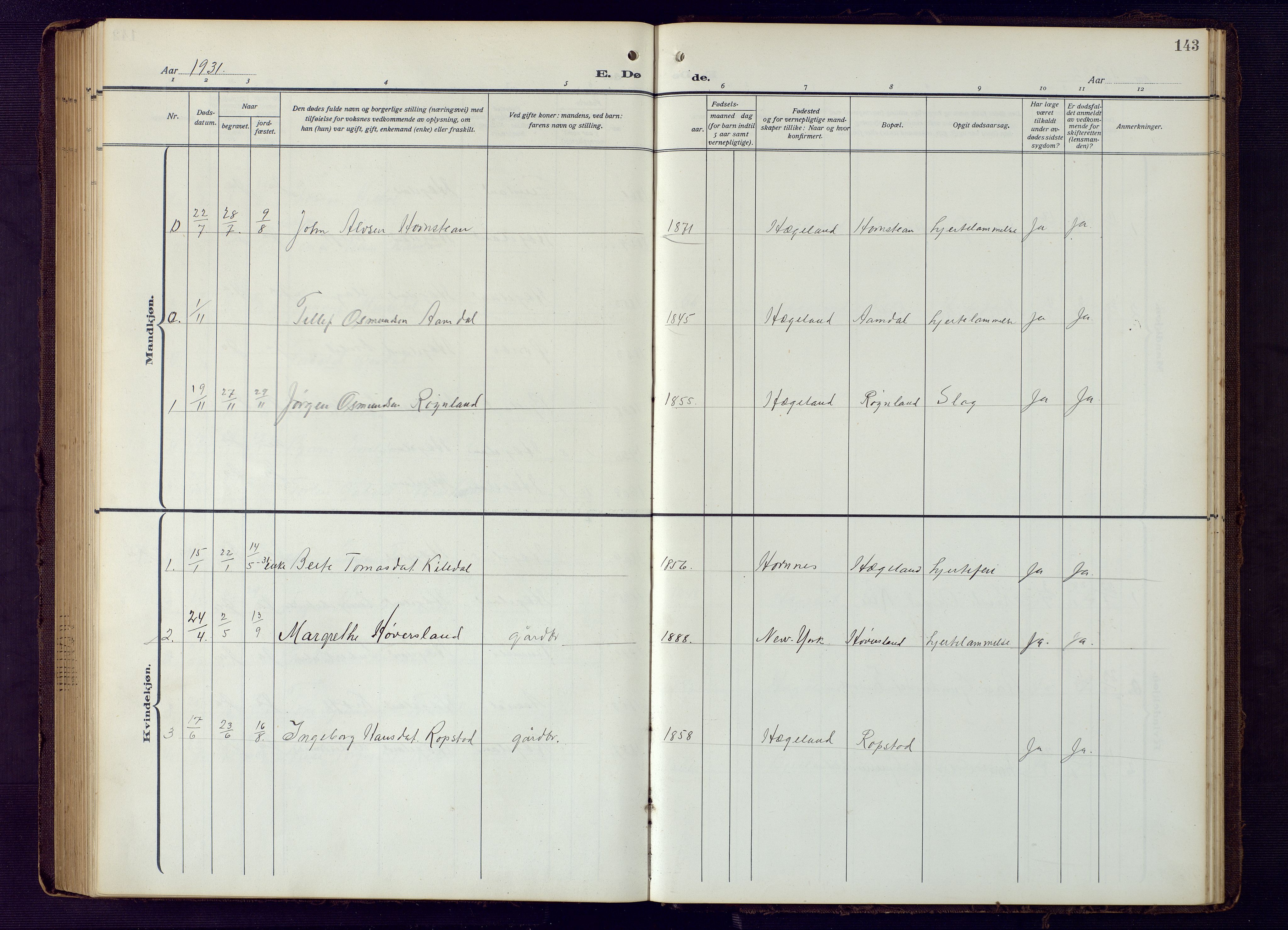 Vennesla sokneprestkontor, SAK/1111-0045/Fb/Fba/L0004: Parish register (copy) no. B 4, 1917-1948, p. 143