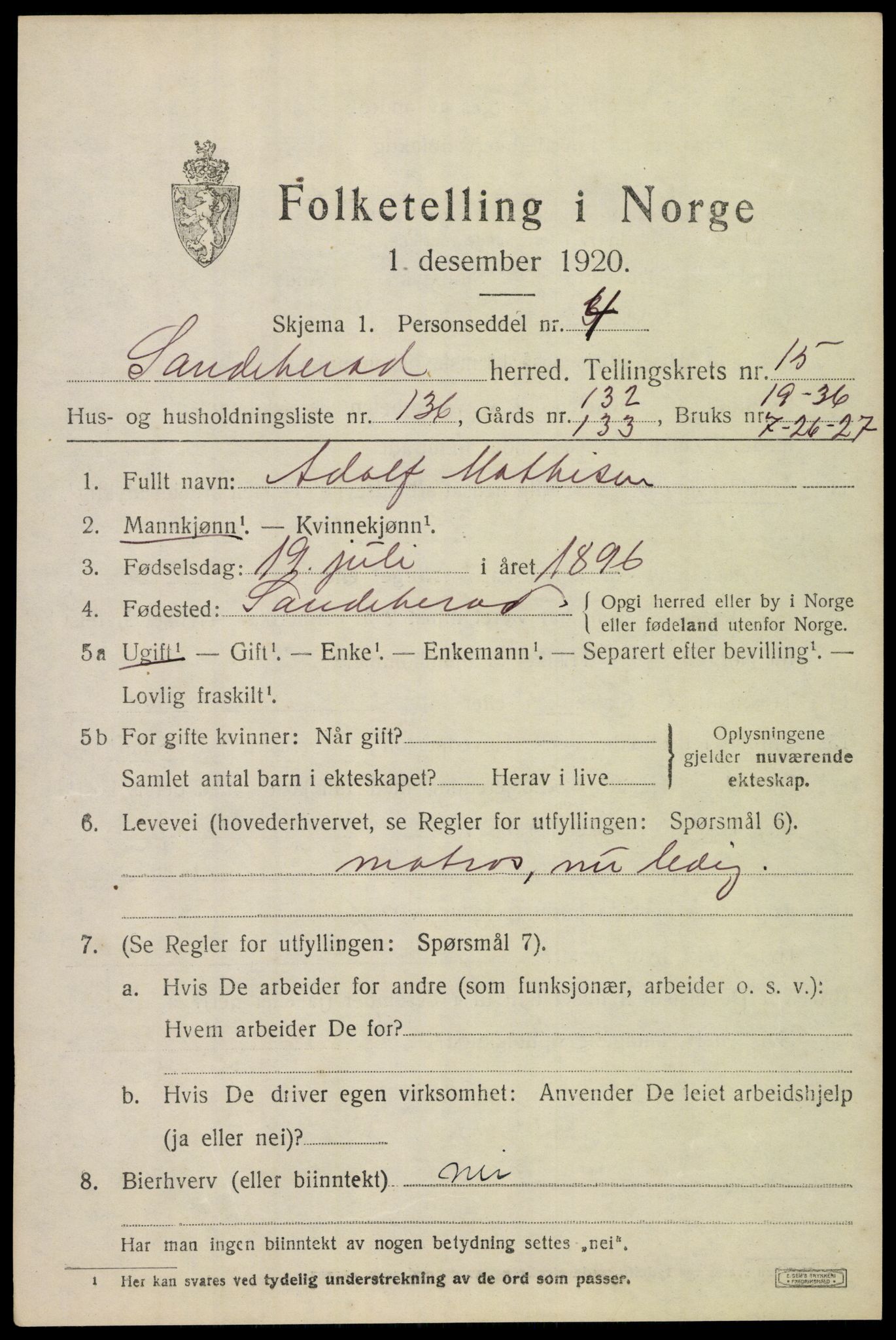SAKO, 1920 census for Sandeherred, 1920, p. 24428