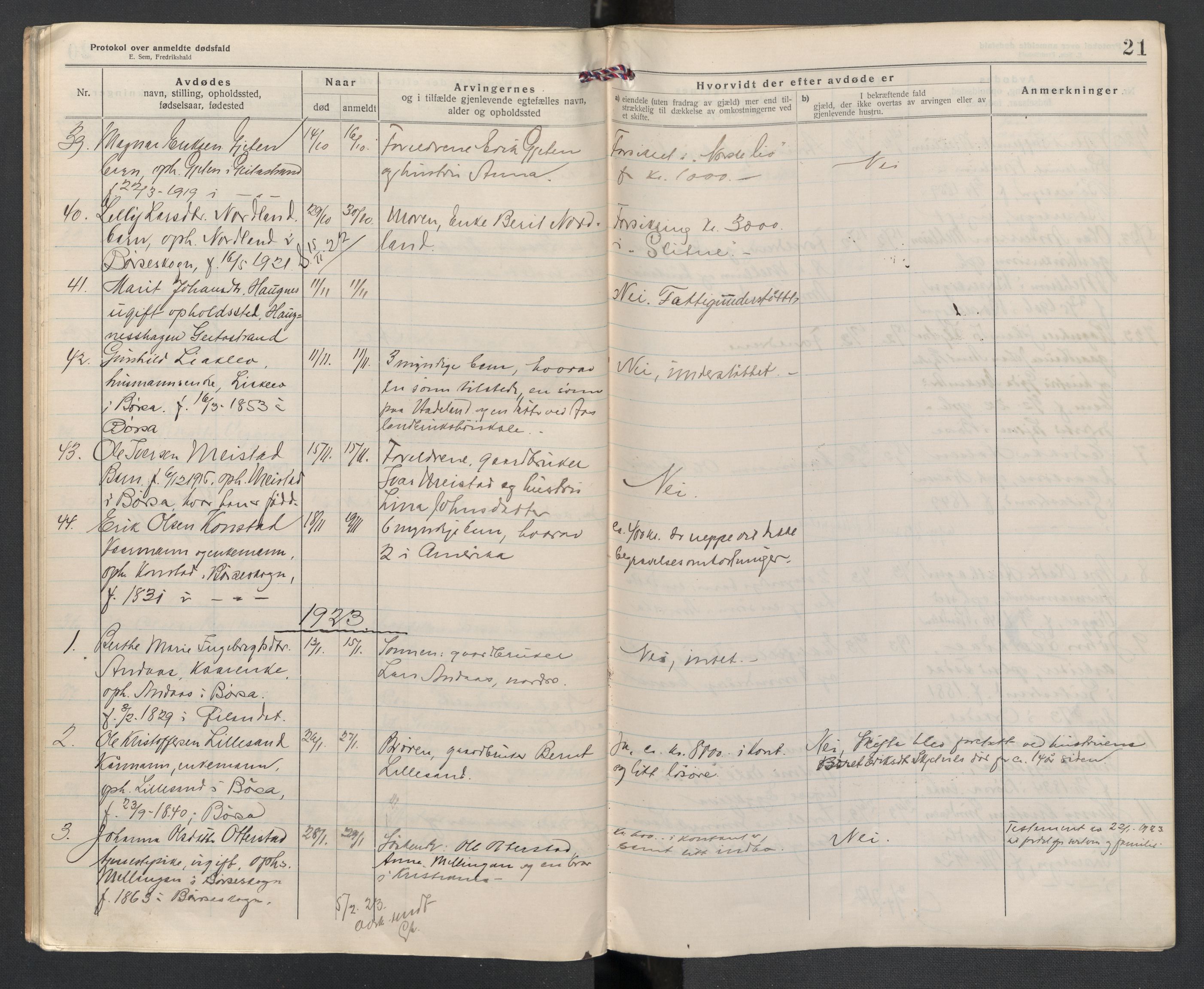 Børsa og Skaun lensmannskontor, AV/SAT-A-5888/02/L0004: 2.01.04 Dødsfallsprotokoll, 1920-1924, p. 21