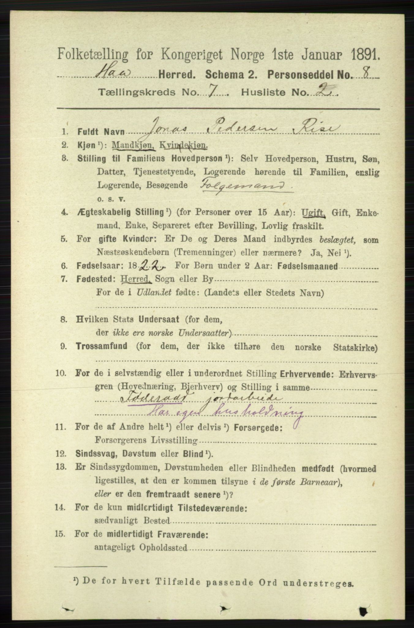 RA, 1891 census for 1119 Hå, 1891, p. 1928