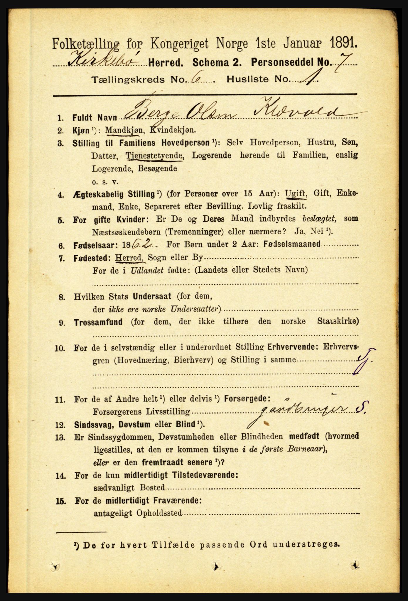 RA, 1891 census for 1416 Kyrkjebø, 1891, p. 1381