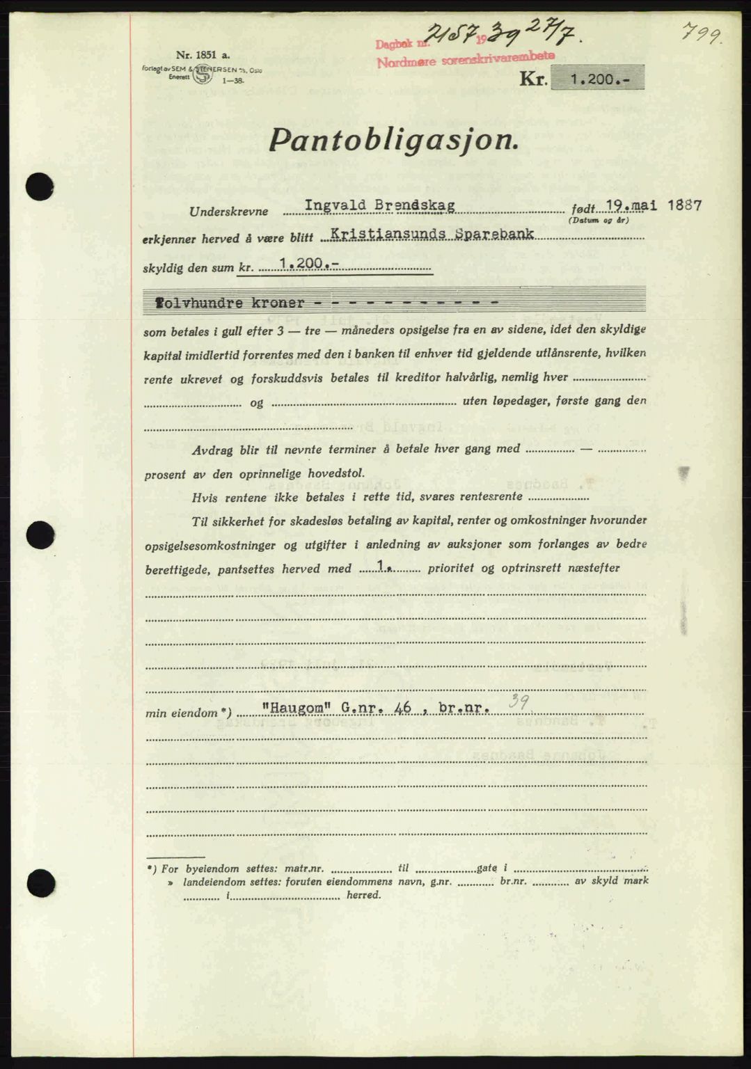 Nordmøre sorenskriveri, AV/SAT-A-4132/1/2/2Ca: Mortgage book no. B85, 1939-1939, Diary no: : 2157/1939