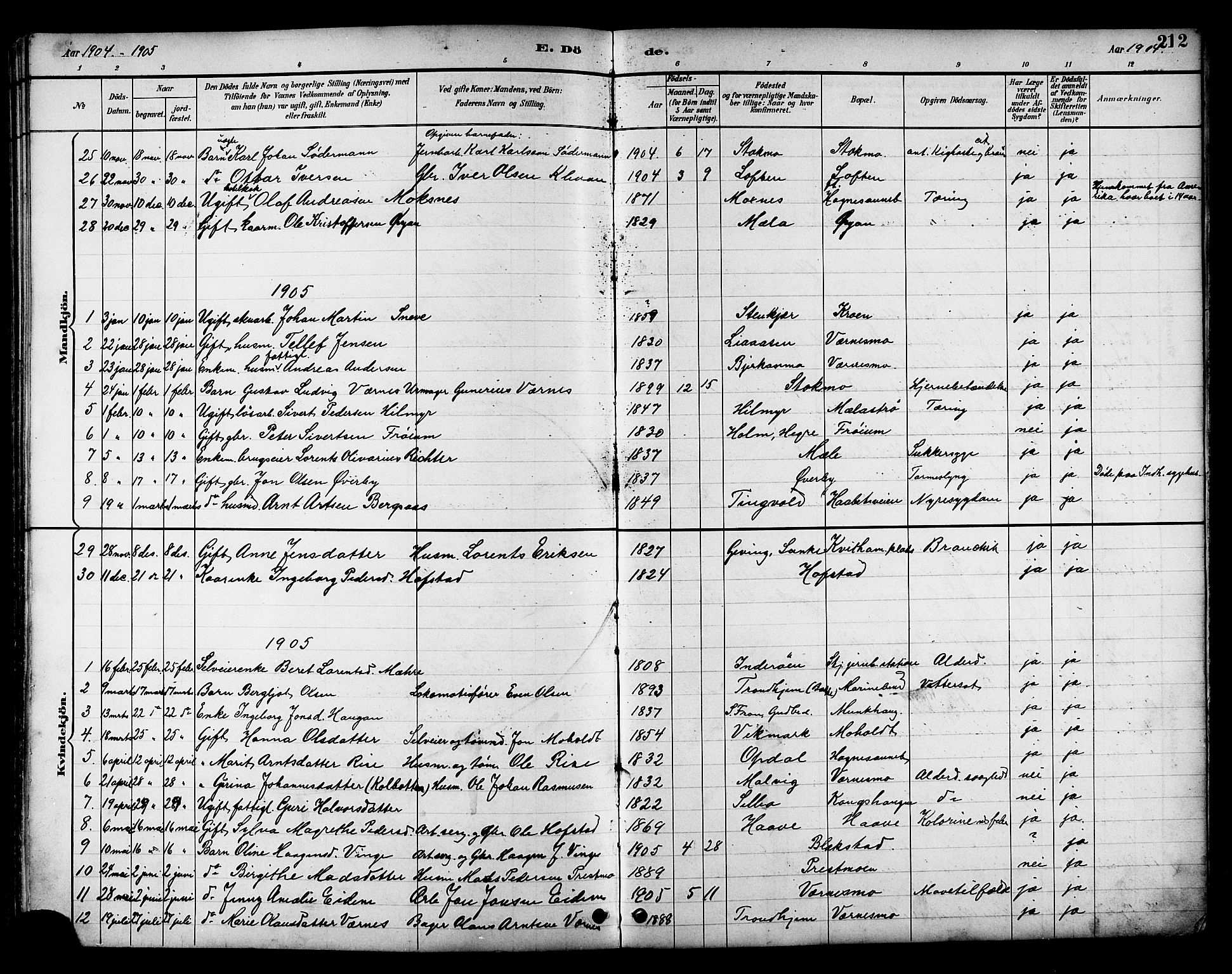 Ministerialprotokoller, klokkerbøker og fødselsregistre - Nord-Trøndelag, AV/SAT-A-1458/709/L0087: Parish register (copy) no. 709C01, 1892-1913, p. 212