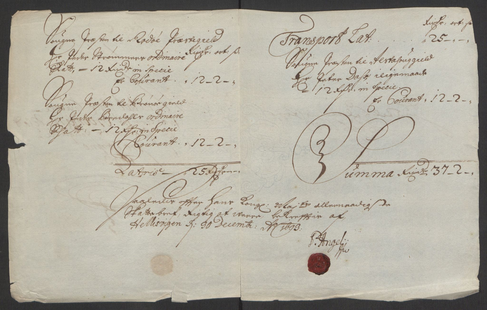 Rentekammeret inntil 1814, Reviderte regnskaper, Fogderegnskap, AV/RA-EA-4092/R65/L4505: Fogderegnskap Helgeland, 1693-1696, p. 111