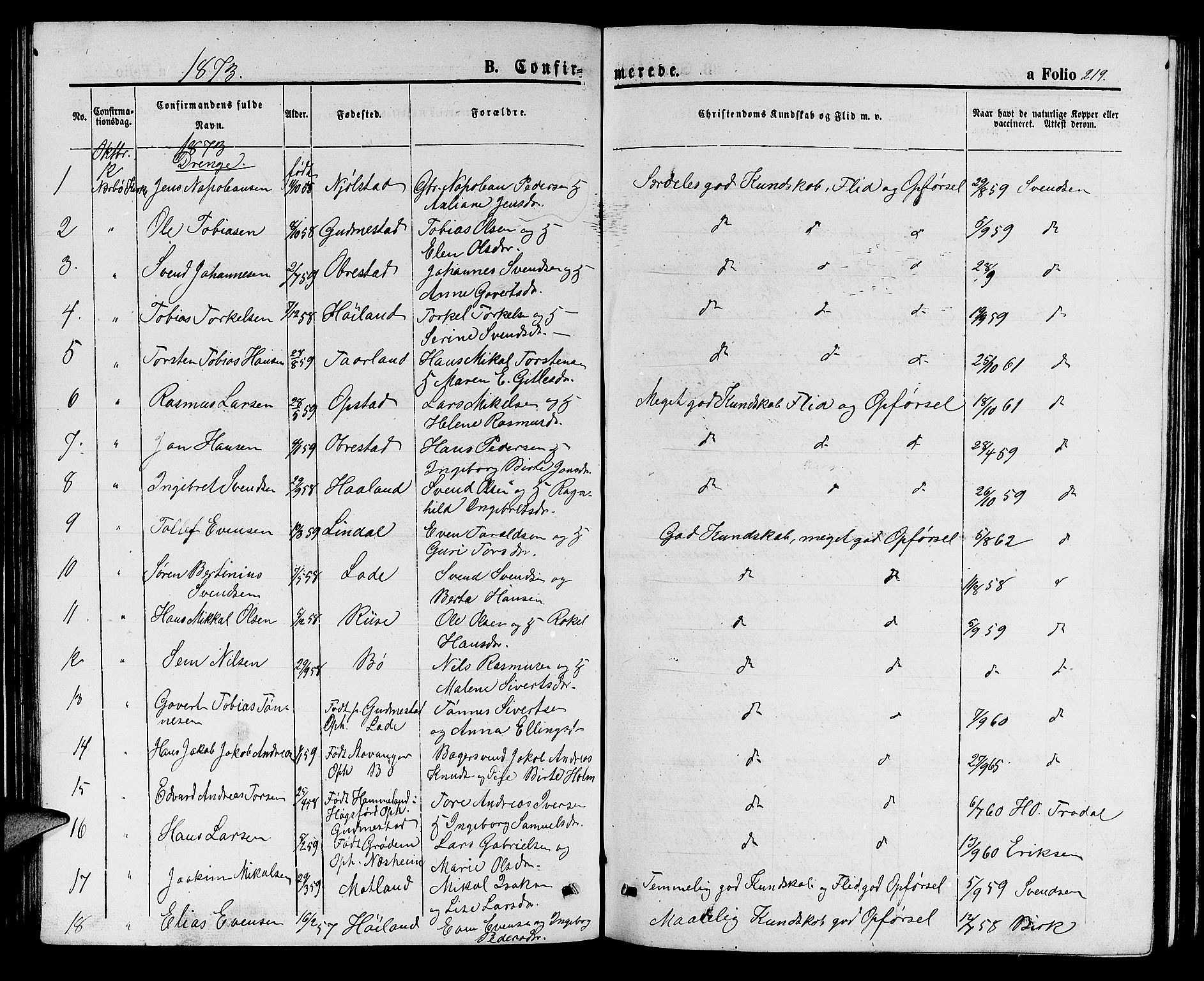 Hå sokneprestkontor, AV/SAST-A-101801/001/30BB/L0001: Parish register (copy) no. B 1, 1854-1883, p. 219