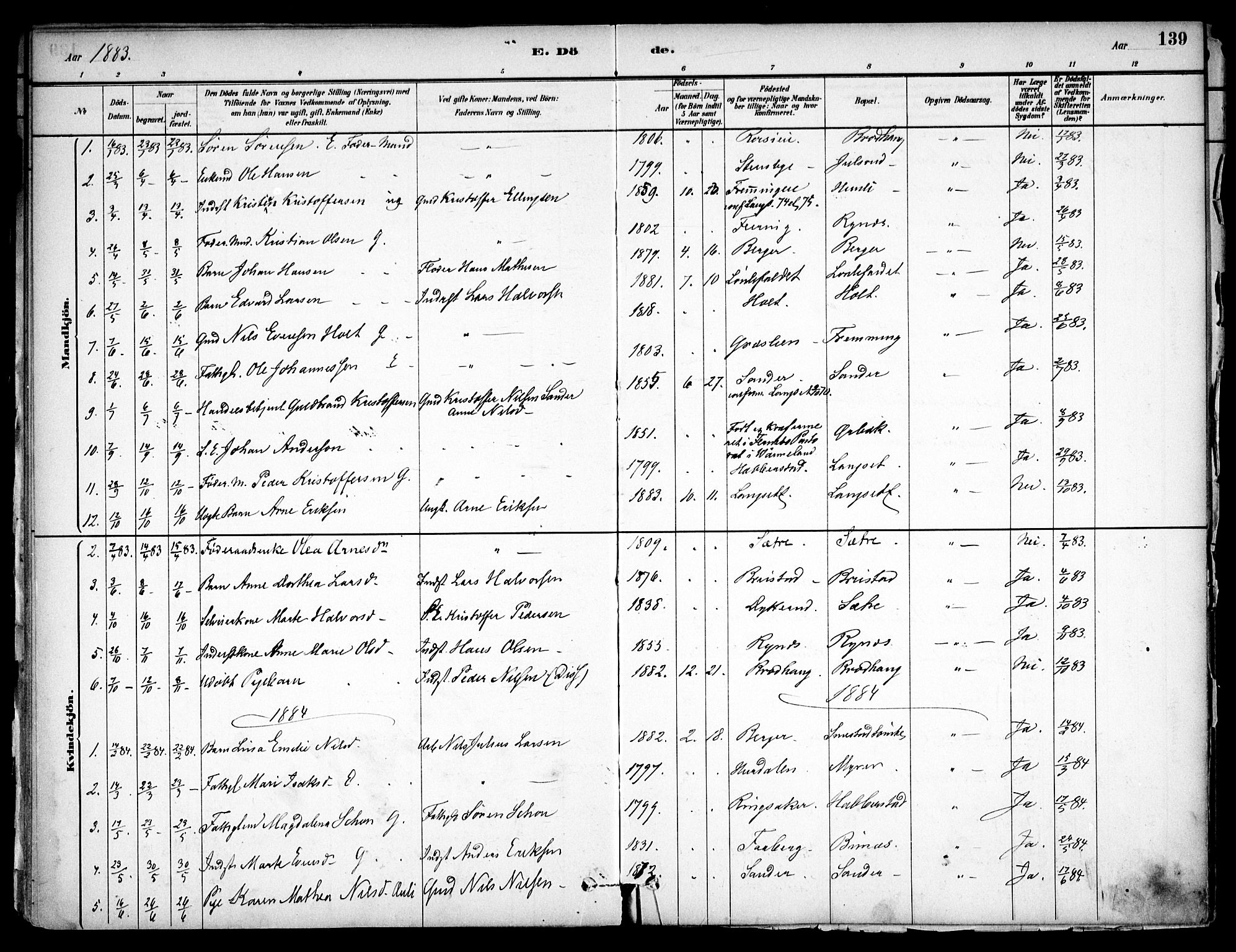 Eidsvoll prestekontor Kirkebøker, SAO/A-10888/F/Fb/L0001: Parish register (official) no. II 1, 1882-1897, p. 139