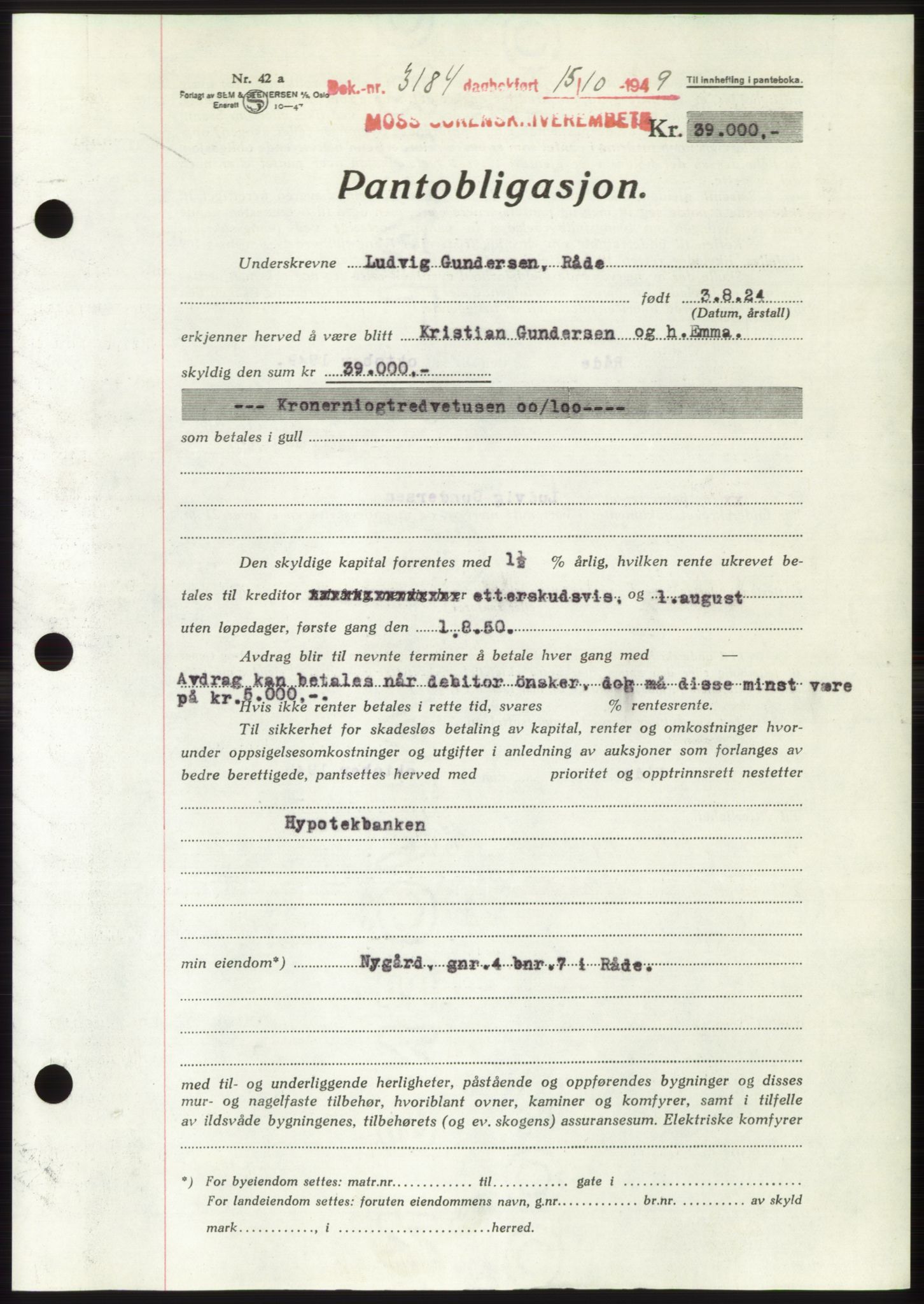 Moss sorenskriveri, SAO/A-10168: Mortgage book no. B23, 1949-1950, Diary no: : 3184/1949
