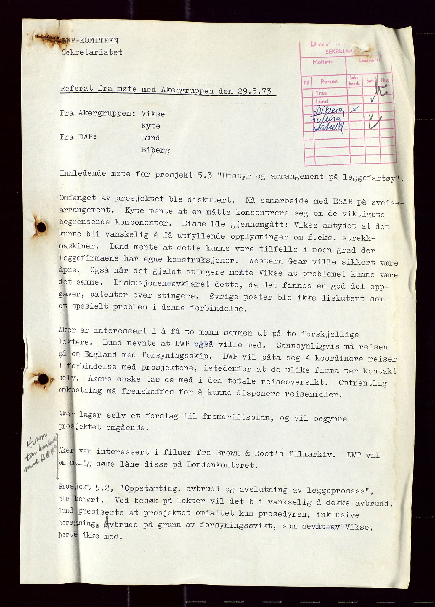 Industridepartementet, Oljekontoret, AV/SAST-A-101348/Di/L0005: DWP, 761 forskning/teknologi, 2 prot. DWP feasibility study, 1972-1975, p. 5