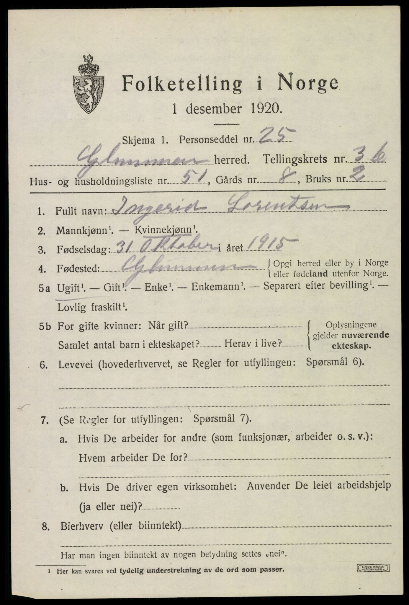 SAO, 1920 census for Glemmen, 1920, p. 10023