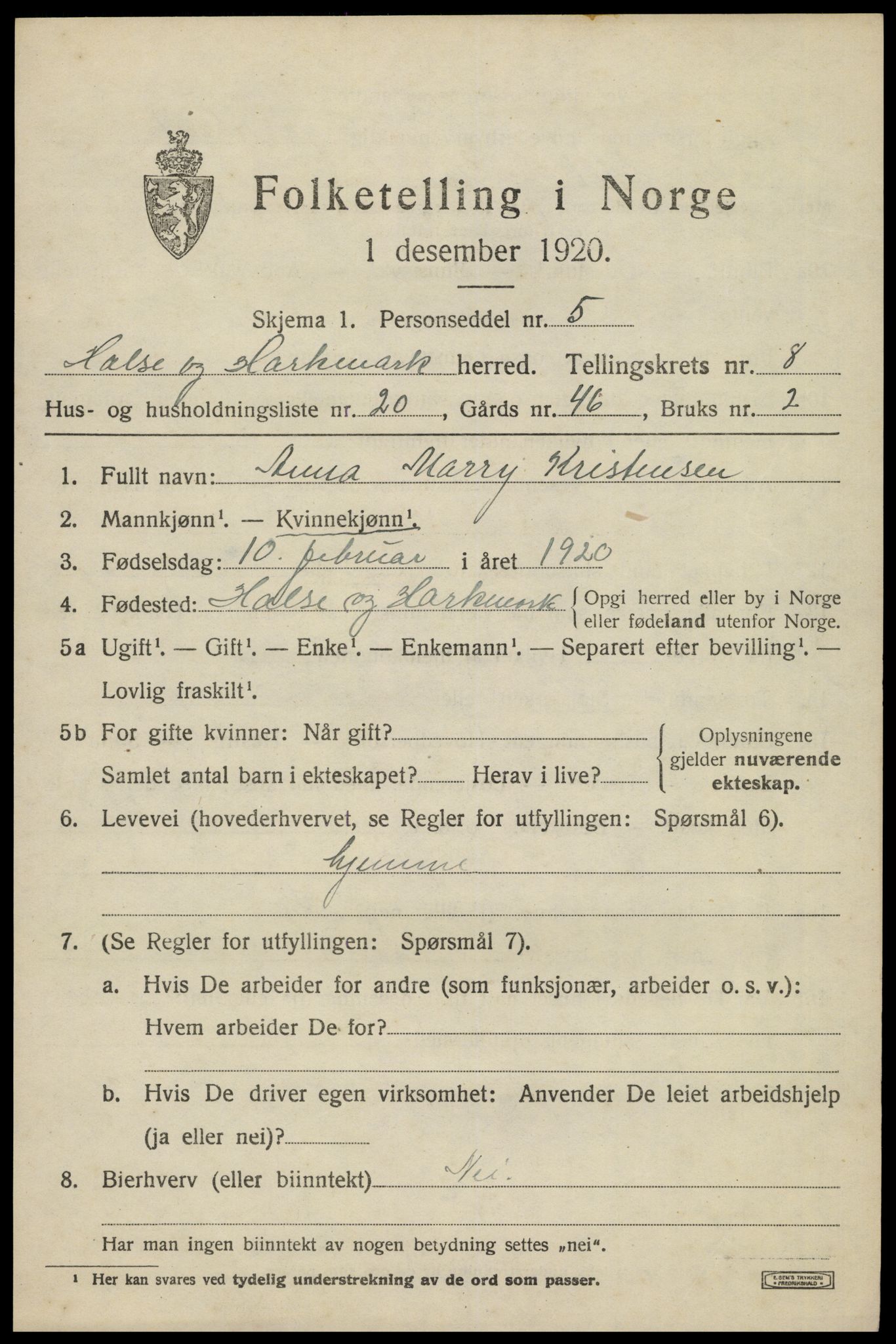 SAK, 1920 census for Halse og Harkmark, 1920, p. 4513