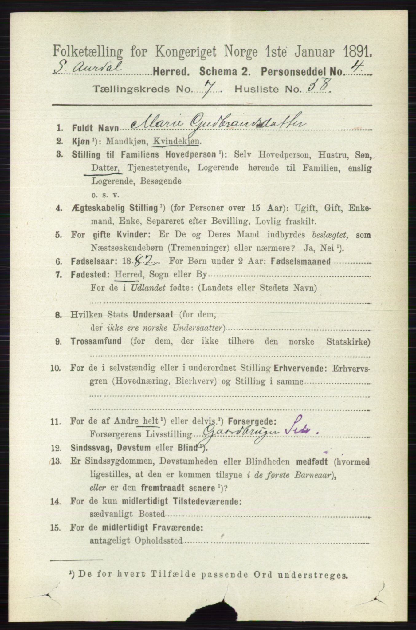 RA, 1891 census for 0540 Sør-Aurdal, 1891, p. 4745