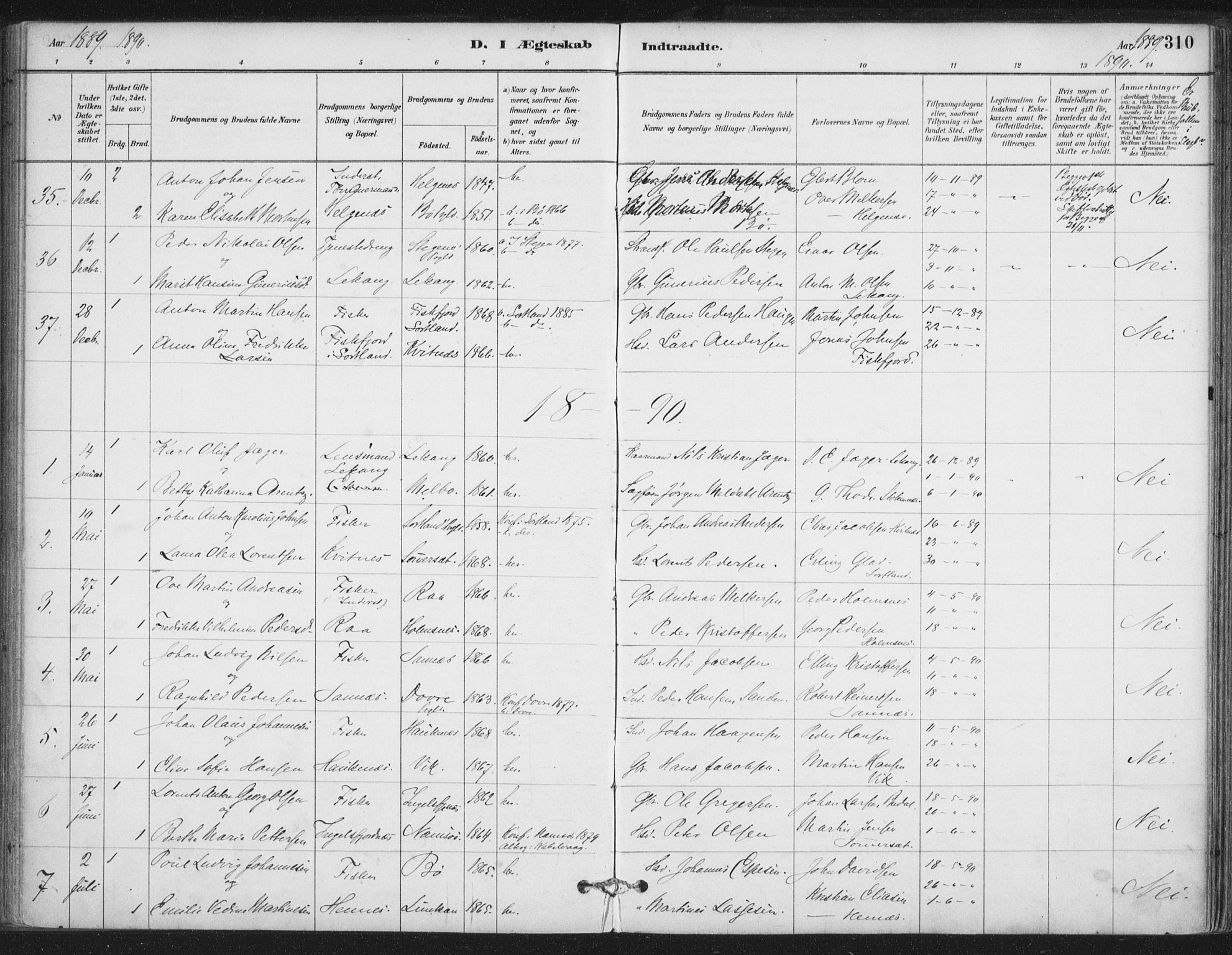 Ministerialprotokoller, klokkerbøker og fødselsregistre - Nordland, SAT/A-1459/888/L1244: Parish register (official) no. 888A10, 1880-1890, p. 310