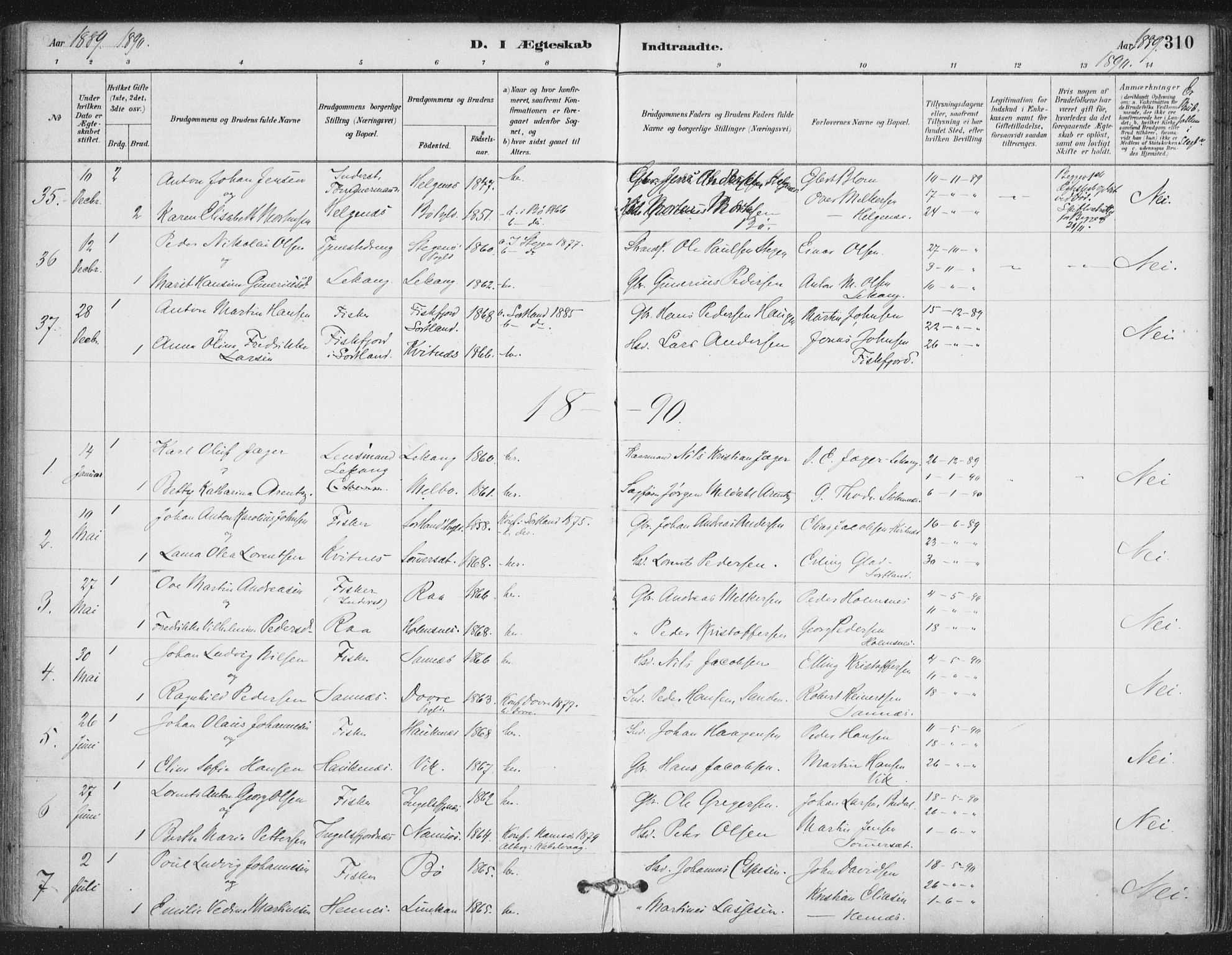 Ministerialprotokoller, klokkerbøker og fødselsregistre - Nordland, AV/SAT-A-1459/888/L1244: Parish register (official) no. 888A10, 1880-1890, p. 310