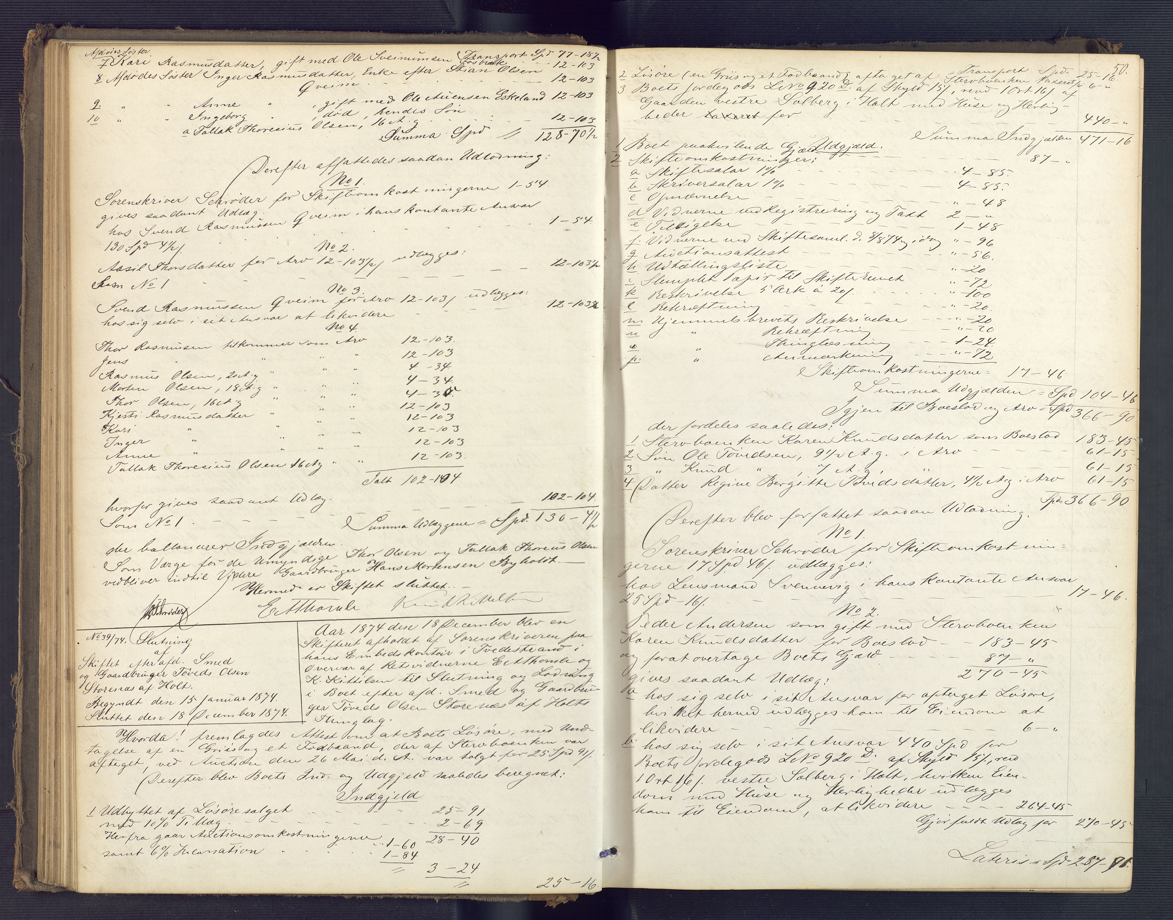 Holt sorenskriveri, AV/SAK-1221-0002/H/Hc/L0032: Skifteutlodningsprotokoll nr. 7, 1874-1879, p. 49b-50a