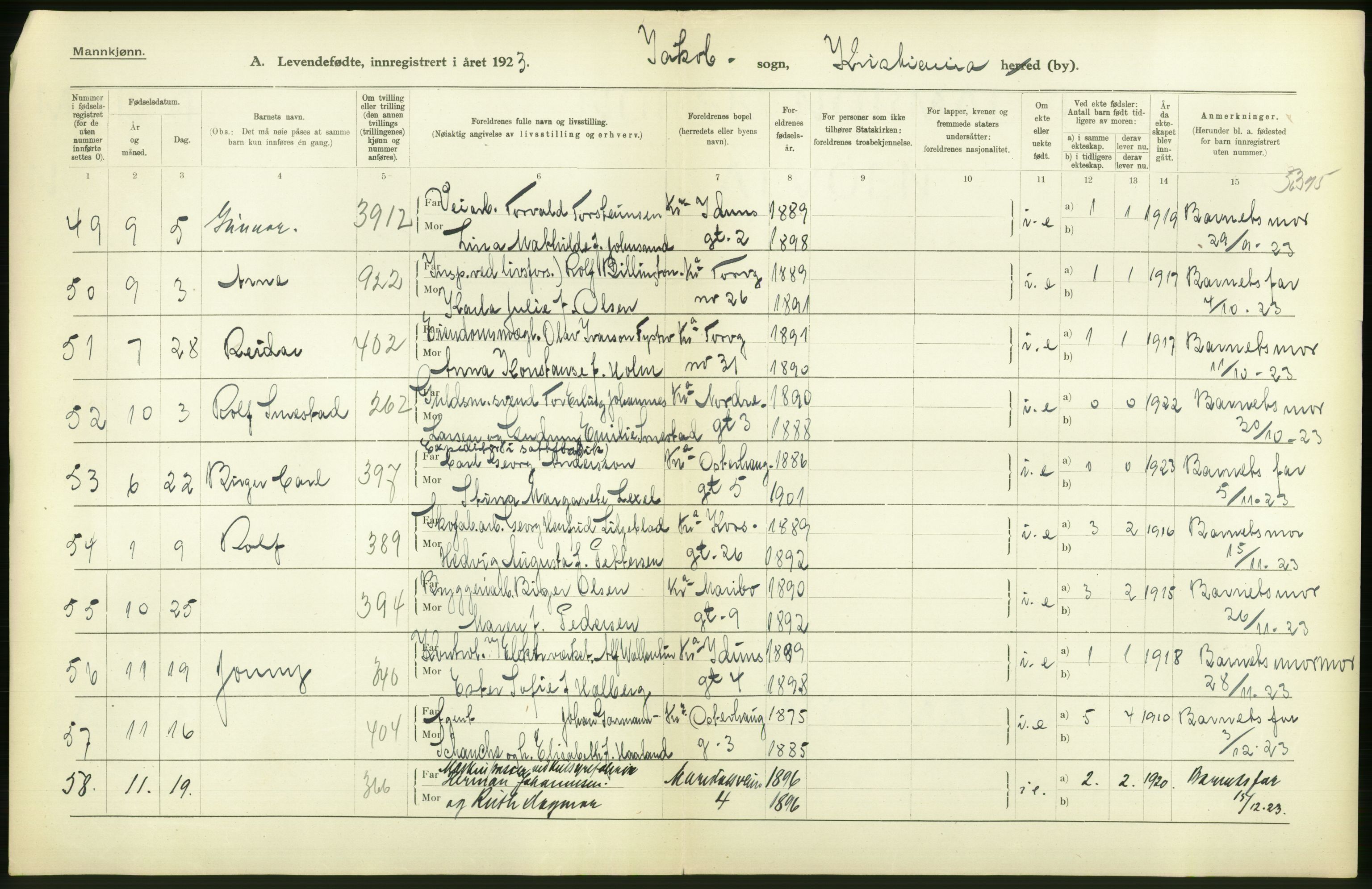 Statistisk sentralbyrå, Sosiodemografiske emner, Befolkning, AV/RA-S-2228/D/Df/Dfc/Dfcc/L0006: Kristiania: Levendefødte menn og kvinner., 1923, p. 112