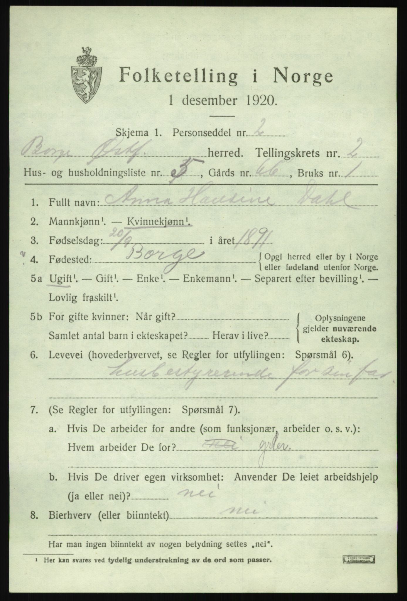 SAO, 1920 census for Borge, 1920, p. 3057