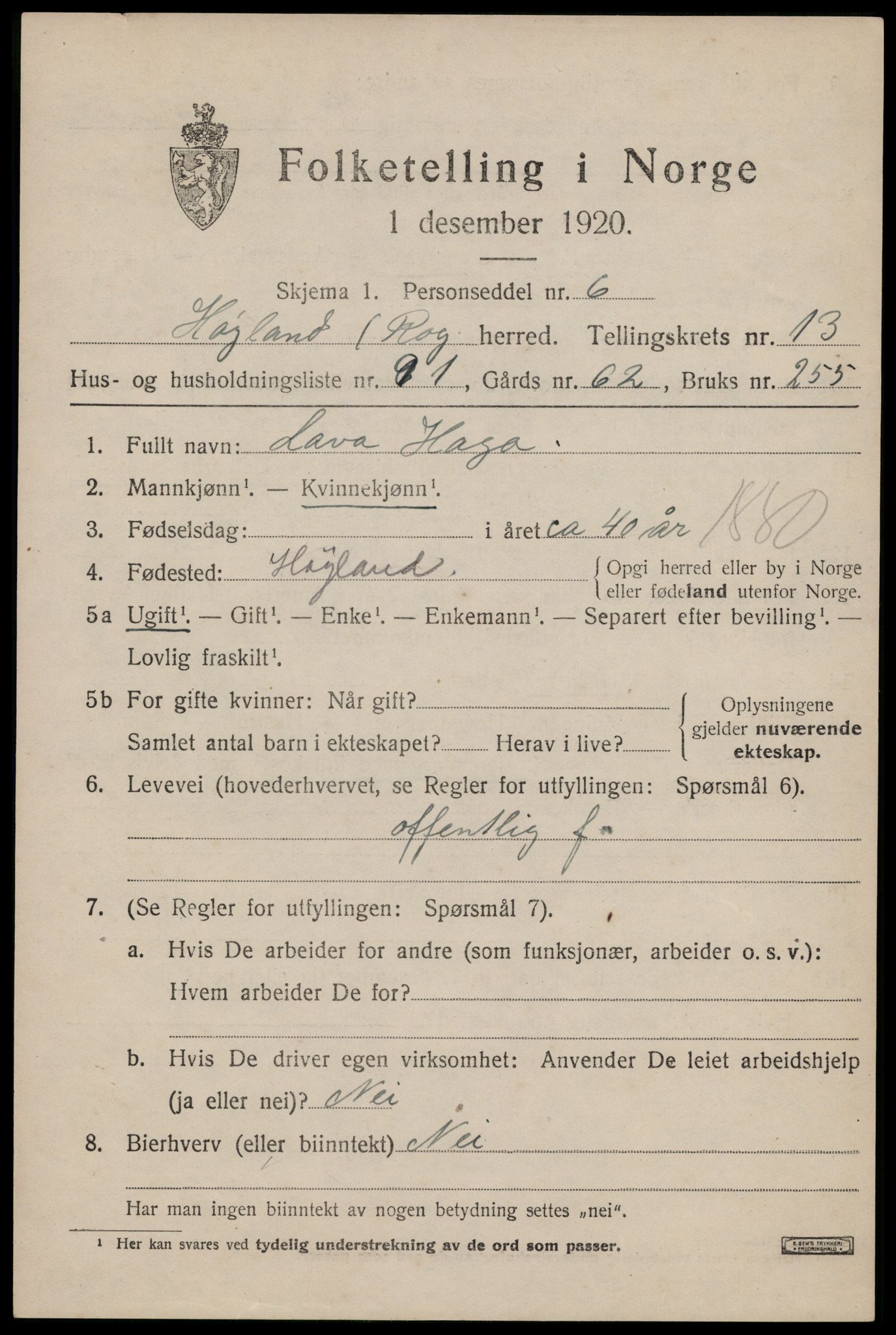 SAST, 1920 census for Høyland, 1920, p. 12076