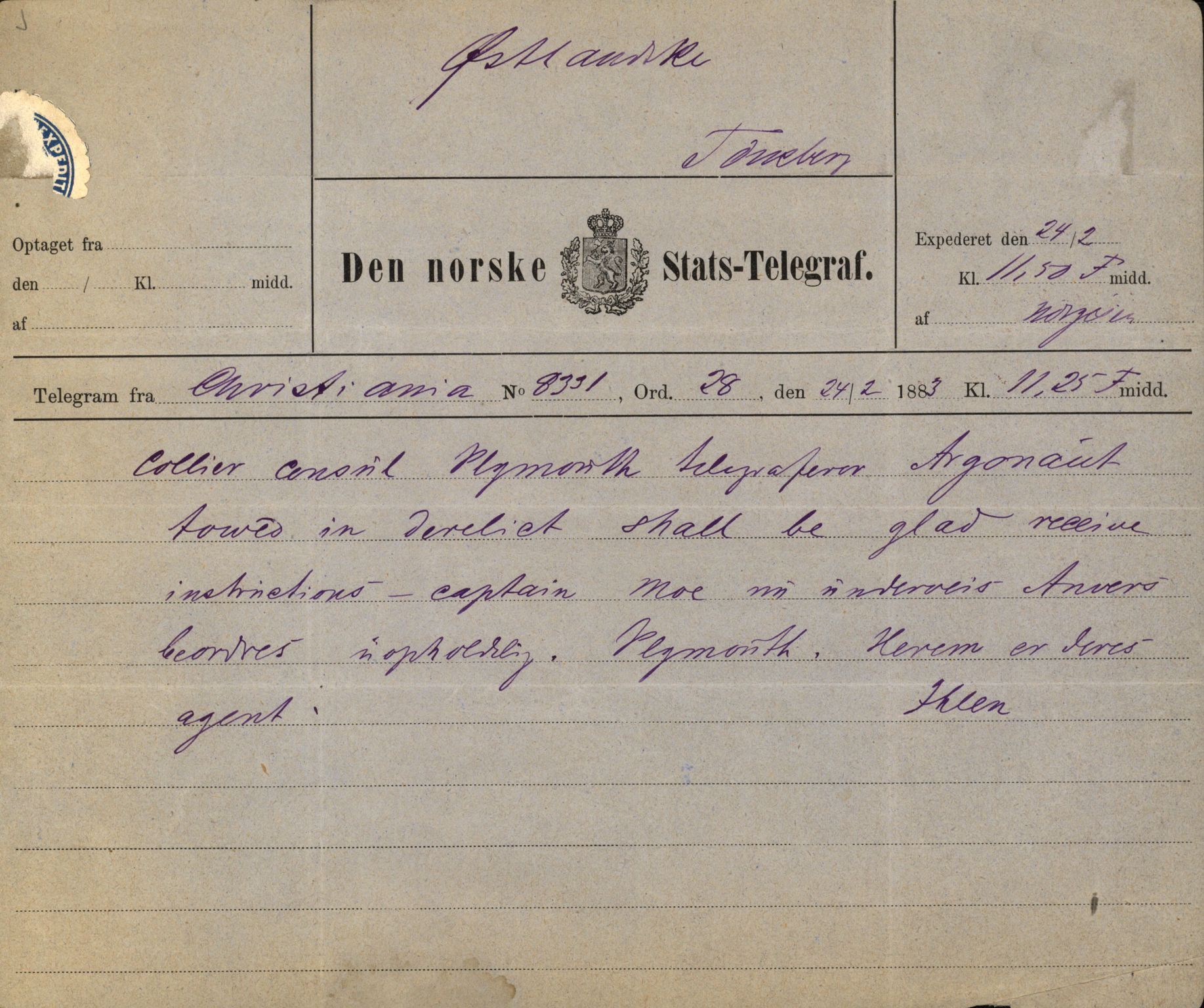 Pa 63 - Østlandske skibsassuranceforening, VEMU/A-1079/G/Ga/L0015/0009: Havaridokumenter / Insulan, Nymph, Argonaut, 1882, p. 35