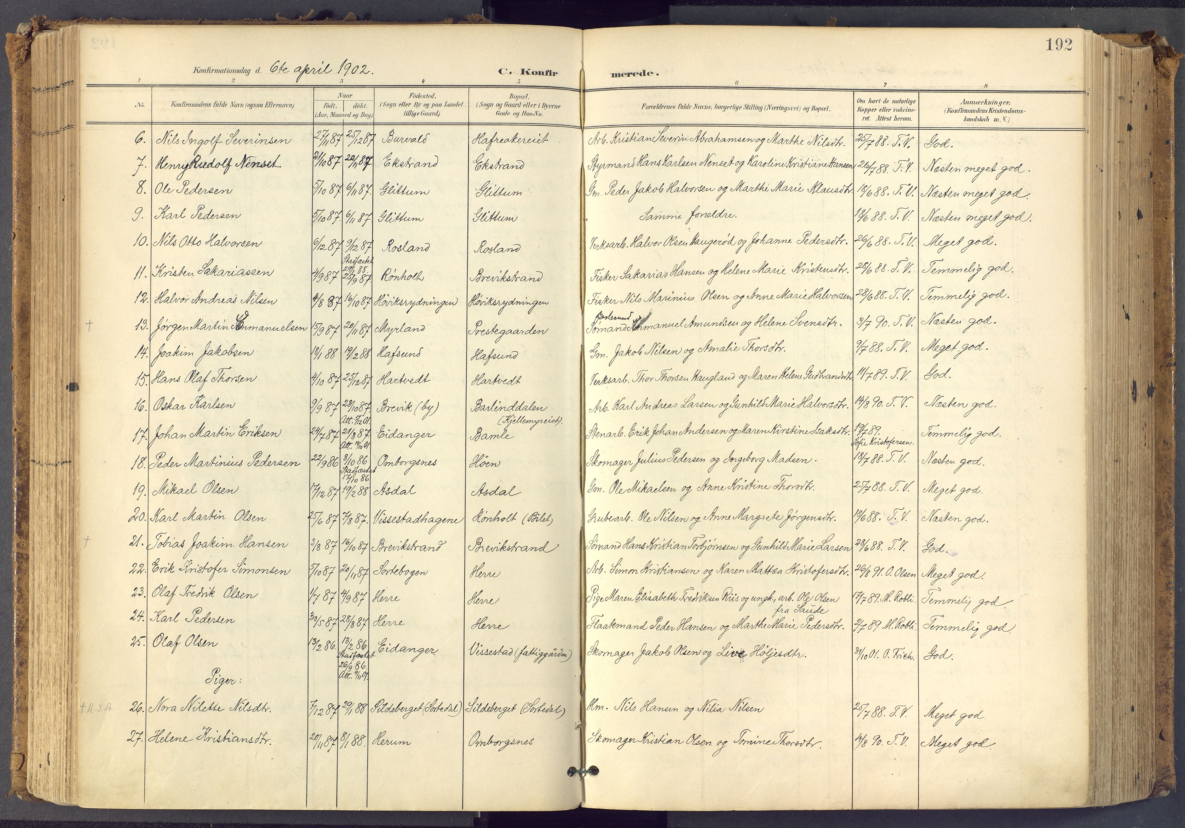 Bamble kirkebøker, SAKO/A-253/F/Fa/L0009: Parish register (official) no. I 9, 1901-1917, p. 192