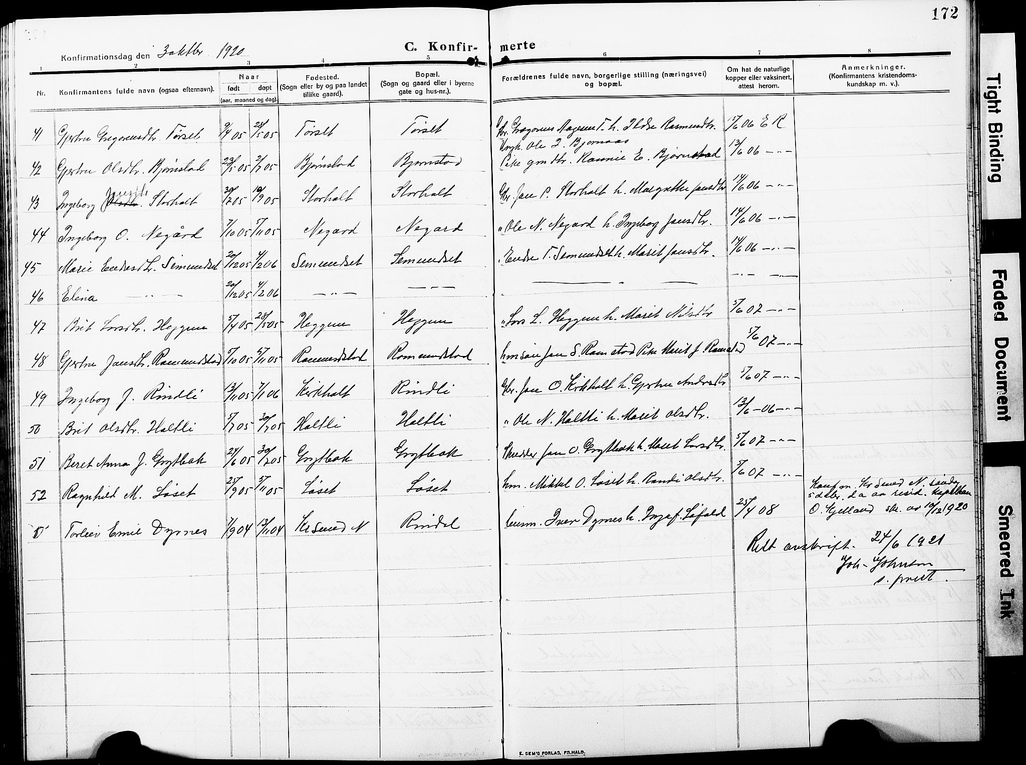 Ministerialprotokoller, klokkerbøker og fødselsregistre - Møre og Romsdal, AV/SAT-A-1454/598/L1079: Parish register (copy) no. 598C04, 1909-1927, p. 172