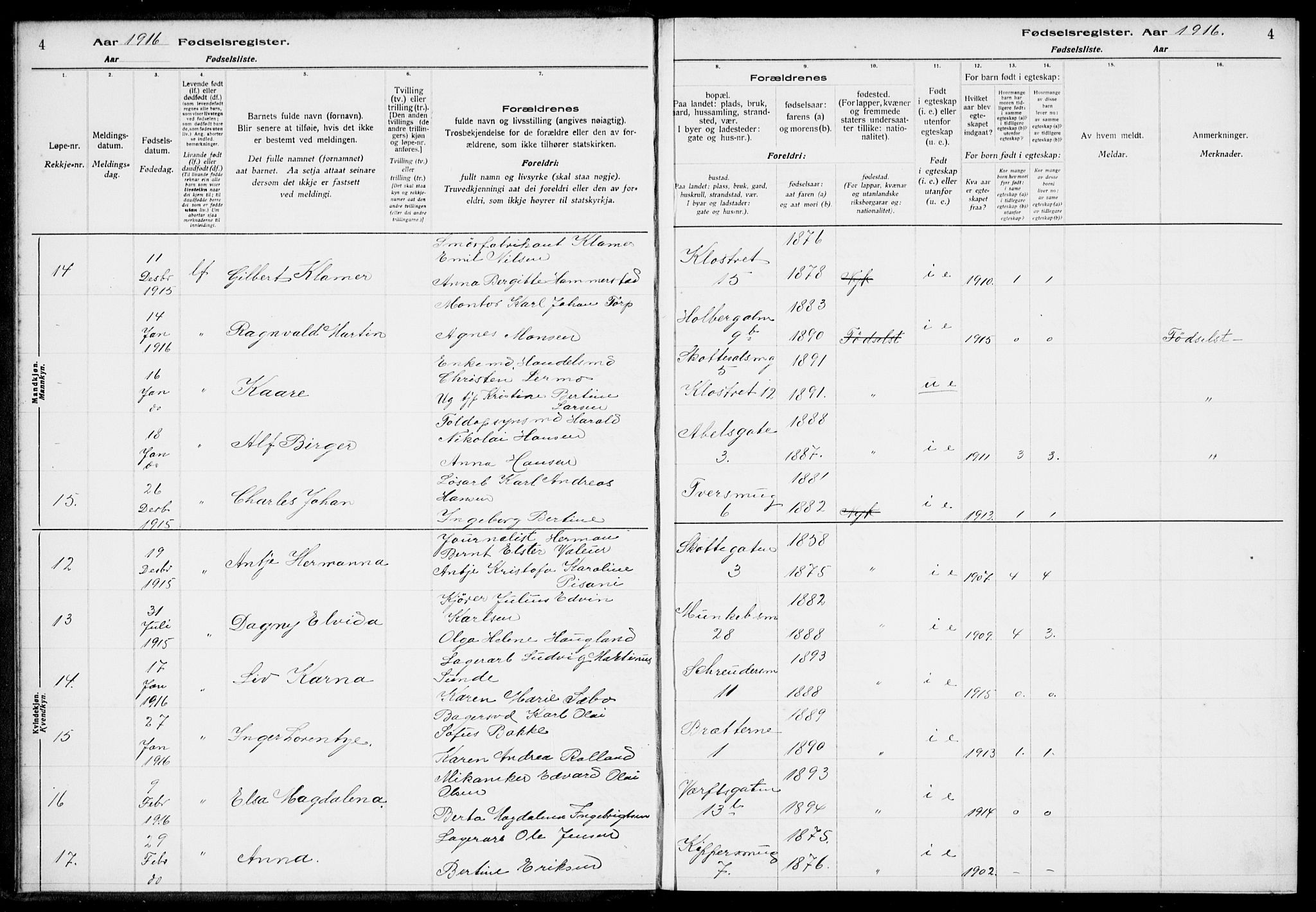 Nykirken Sokneprestembete, AV/SAB-A-77101/I/Id/L00A1: Birth register no. A 1, 1916-1922, p. 4