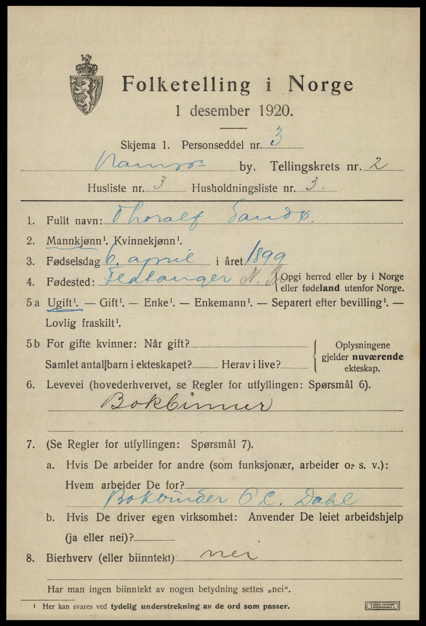 SAT, 1920 census for Namsos, 1920, p. 3171