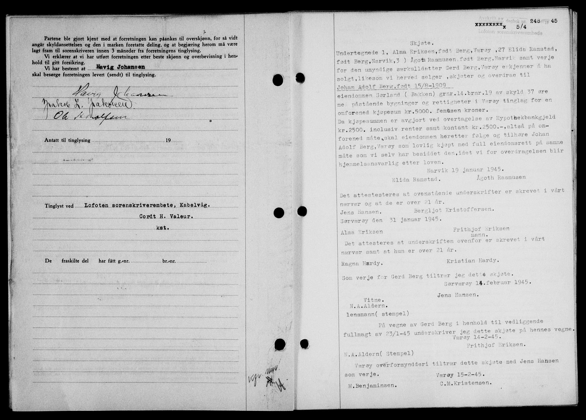 Lofoten sorenskriveri, SAT/A-0017/1/2/2C/L0013a: Mortgage book no. 13a, 1944-1946, Diary no: : 248/1945