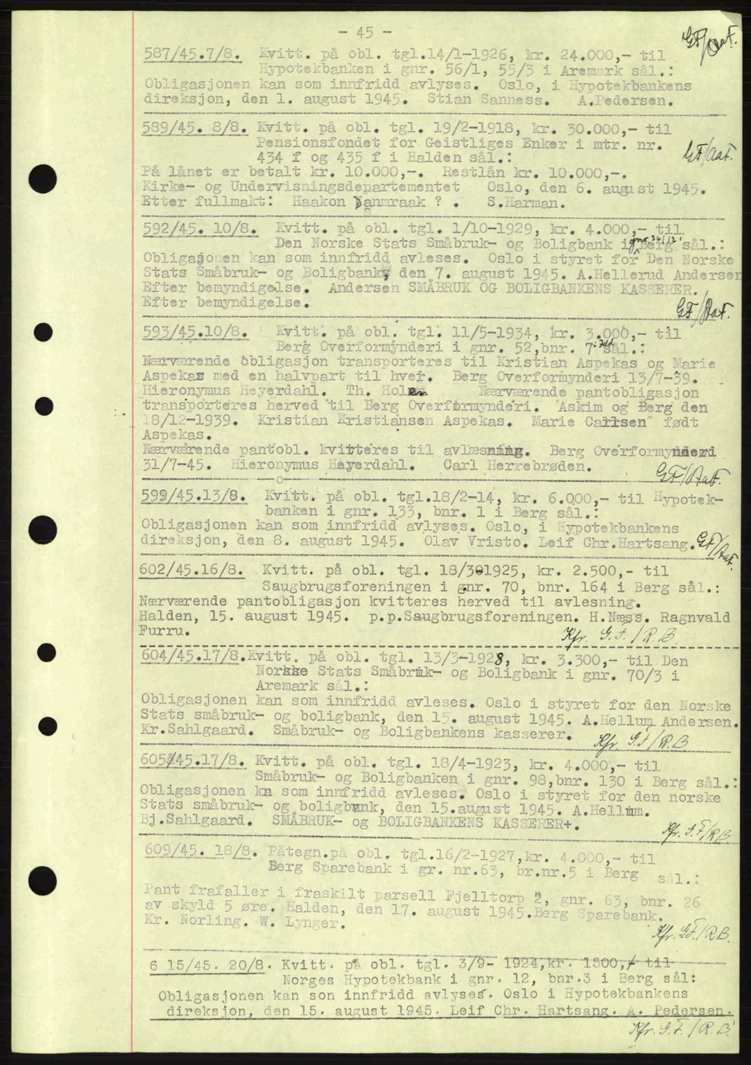 Idd og Marker sorenskriveri, AV/SAO-A-10283/G/Gb/Gbc/L0002: Mortgage book no. B4-9a, 1939-1945, Diary no: : 587/1945