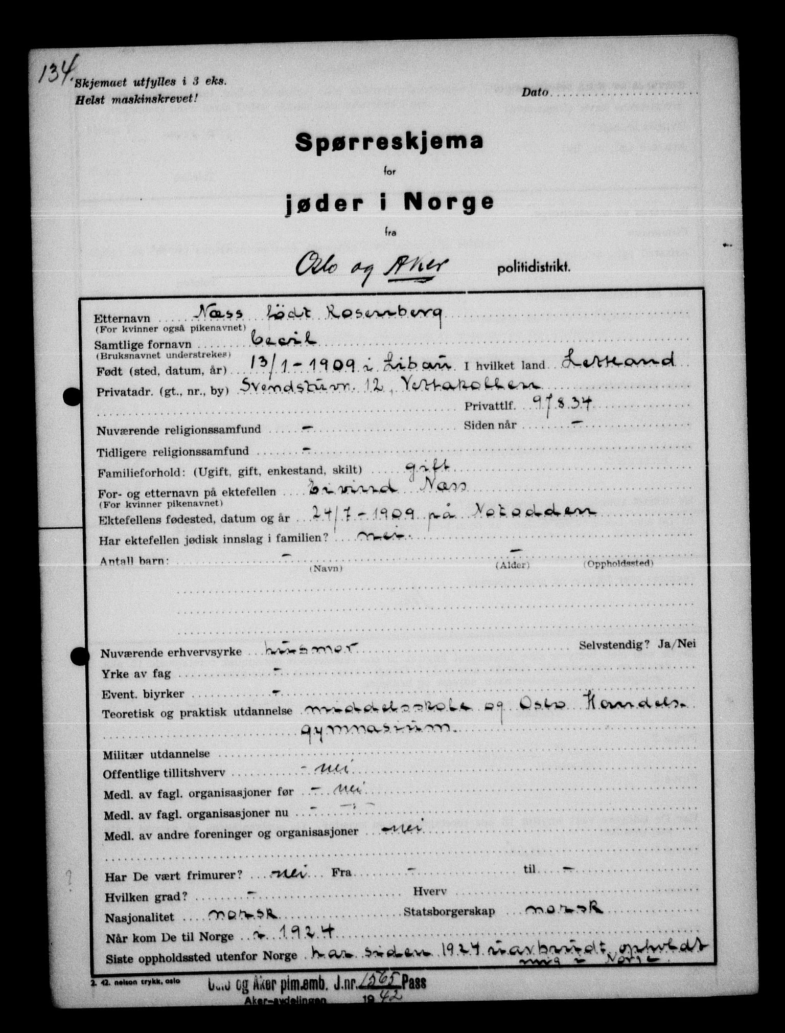 Statspolitiet - Hovedkontoret / Osloavdelingen, AV/RA-S-1329/G/Ga/L0012: Spørreskjema for jøder i Norge. 1: Aker 114- 207 (Levinson-Wozak) og 656 (Salomon). 2: Arendal-Hordaland. 3: Horten-Romerike.  , 1942, p. 63