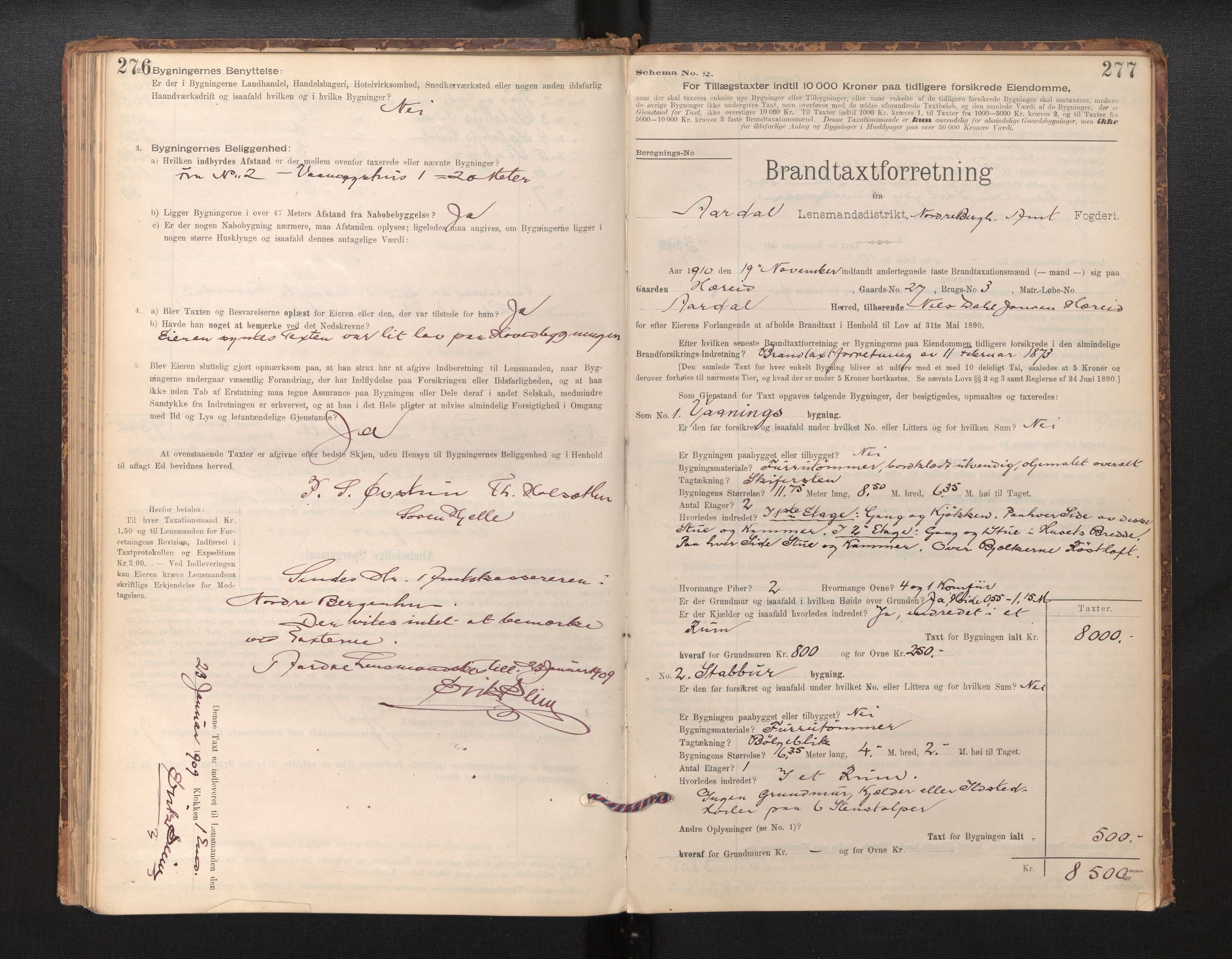 Lensmannen i Årdal, AV/SAB-A-30501/0012/L0008: Branntakstprotokoll, skjematakst, 1895-1915, p. 276-277