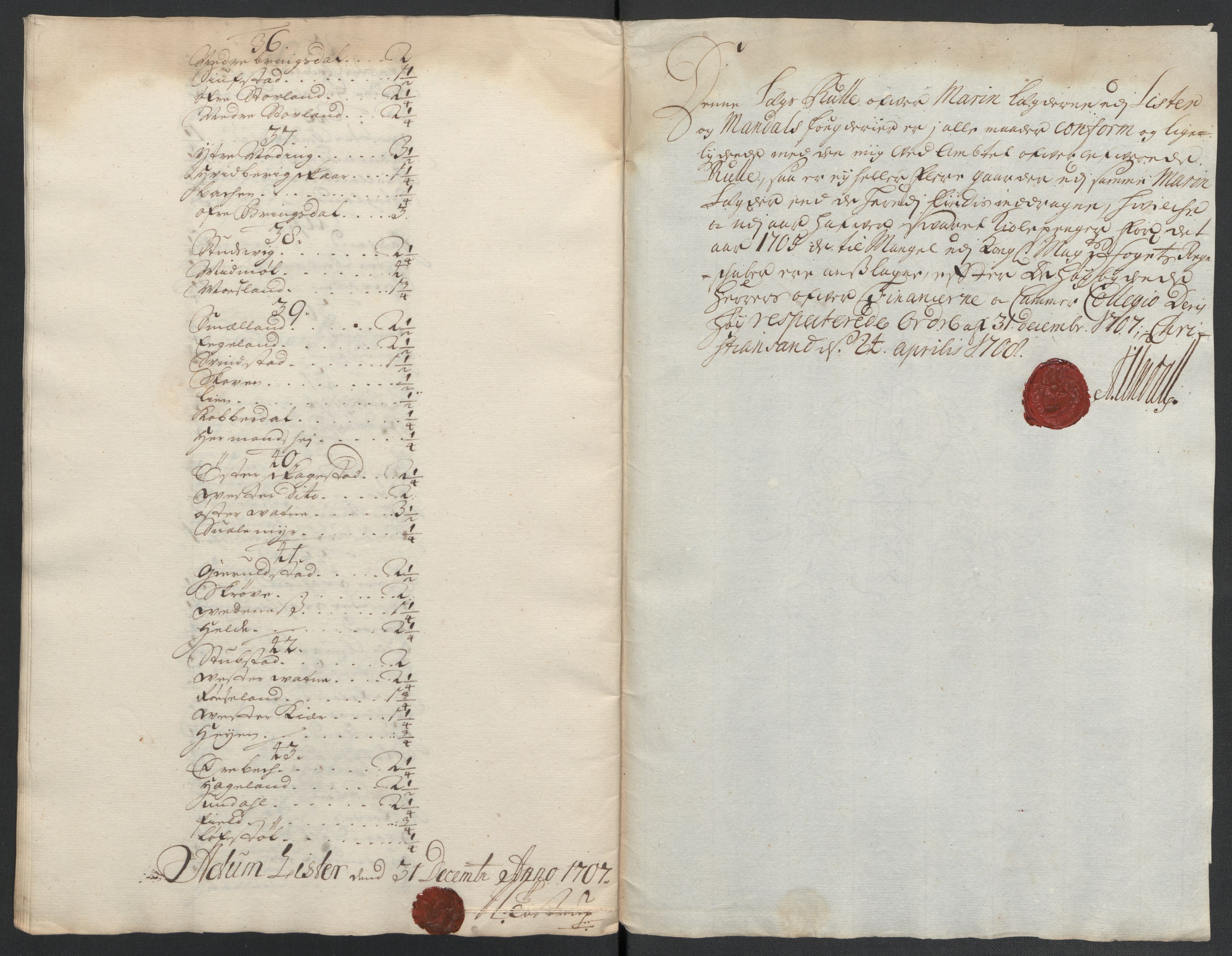 Rentekammeret inntil 1814, Reviderte regnskaper, Fogderegnskap, AV/RA-EA-4092/R43/L2551: Fogderegnskap Lista og Mandal, 1705-1709, p. 539