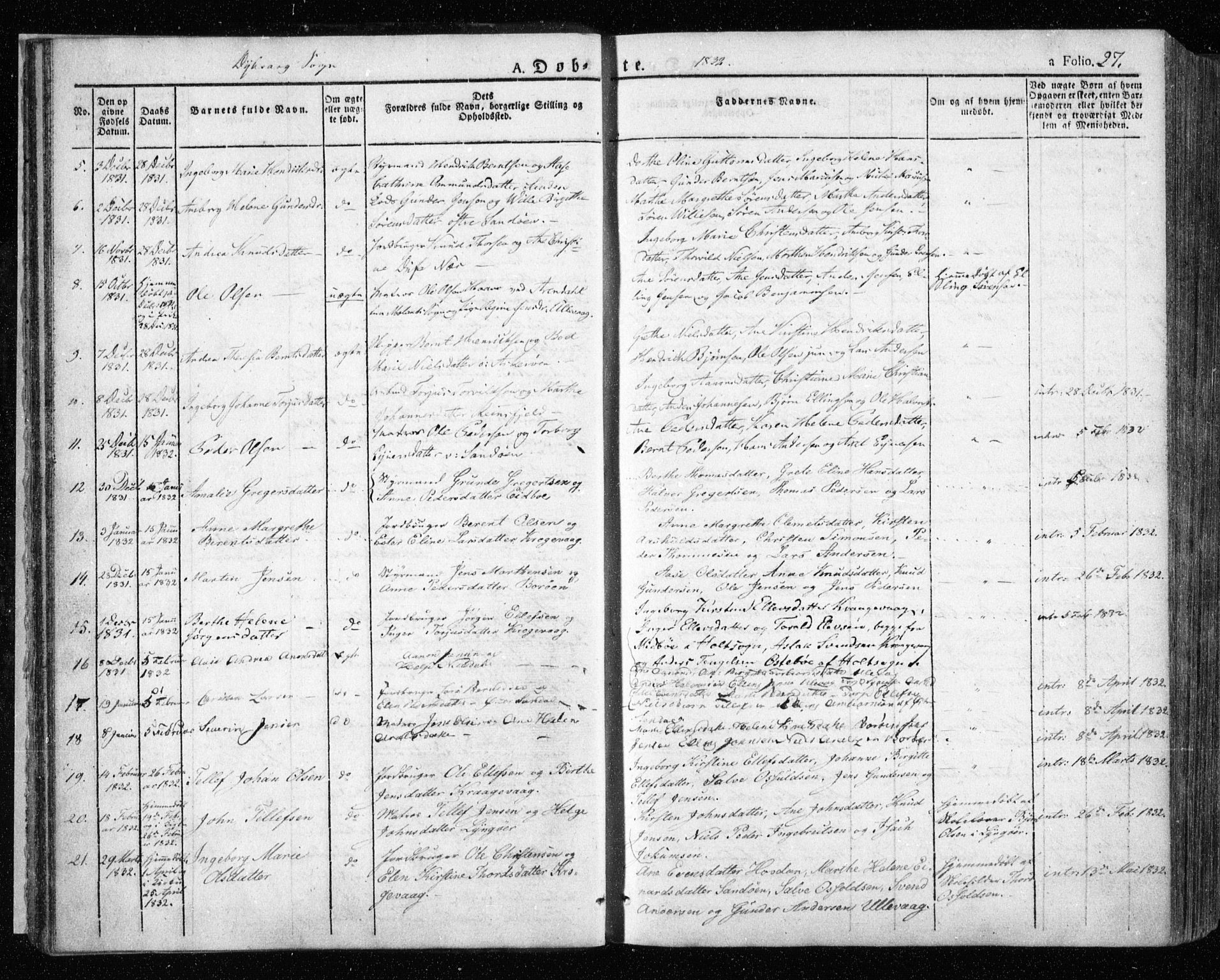 Dypvåg sokneprestkontor, SAK/1111-0007/F/Fa/Faa/L0004: Parish register (official) no. A 4, 1824-1840, p. 27