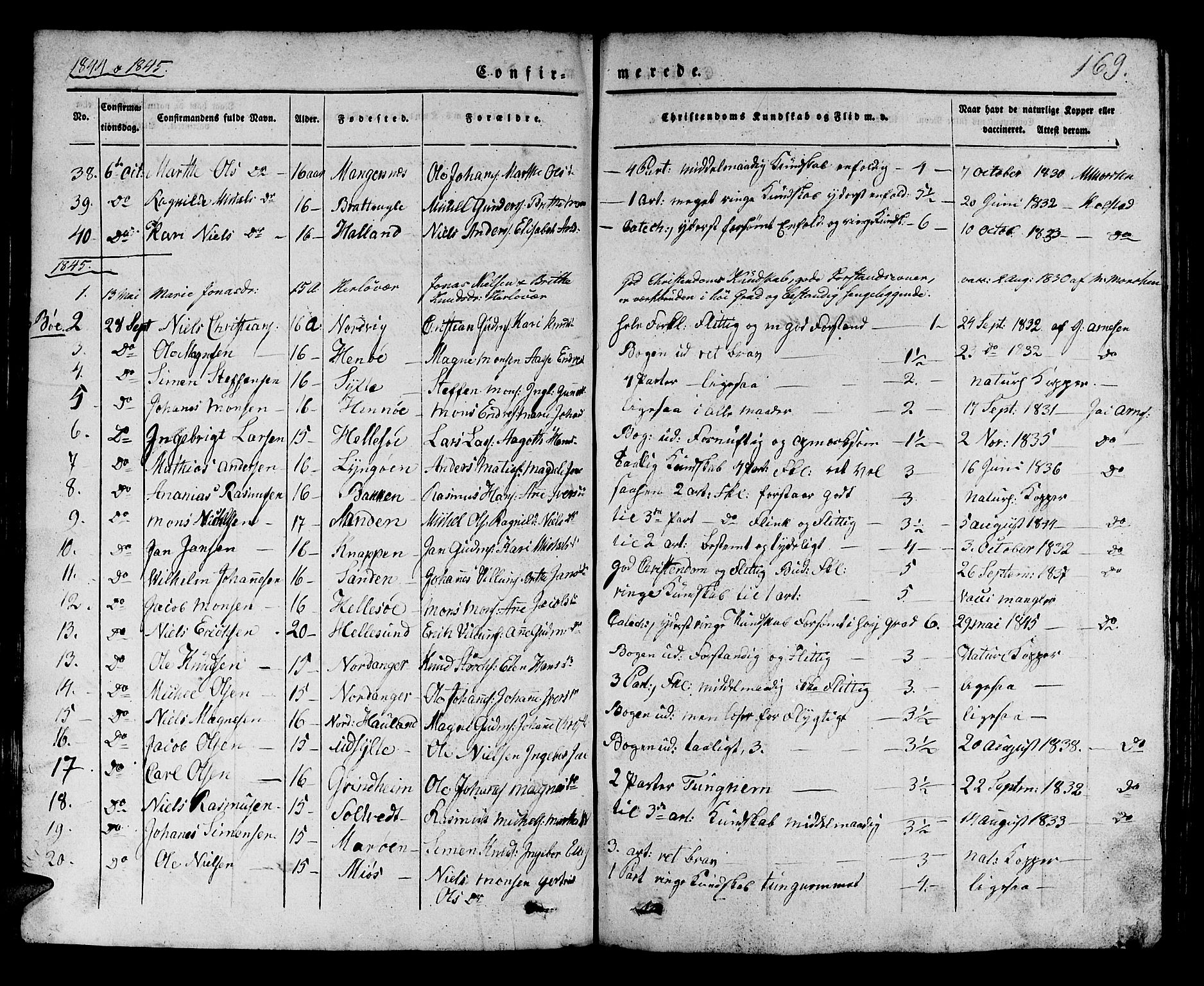 Manger sokneprestembete, SAB/A-76801/H/Haa: Parish register (official) no. A 5, 1839-1848, p. 169