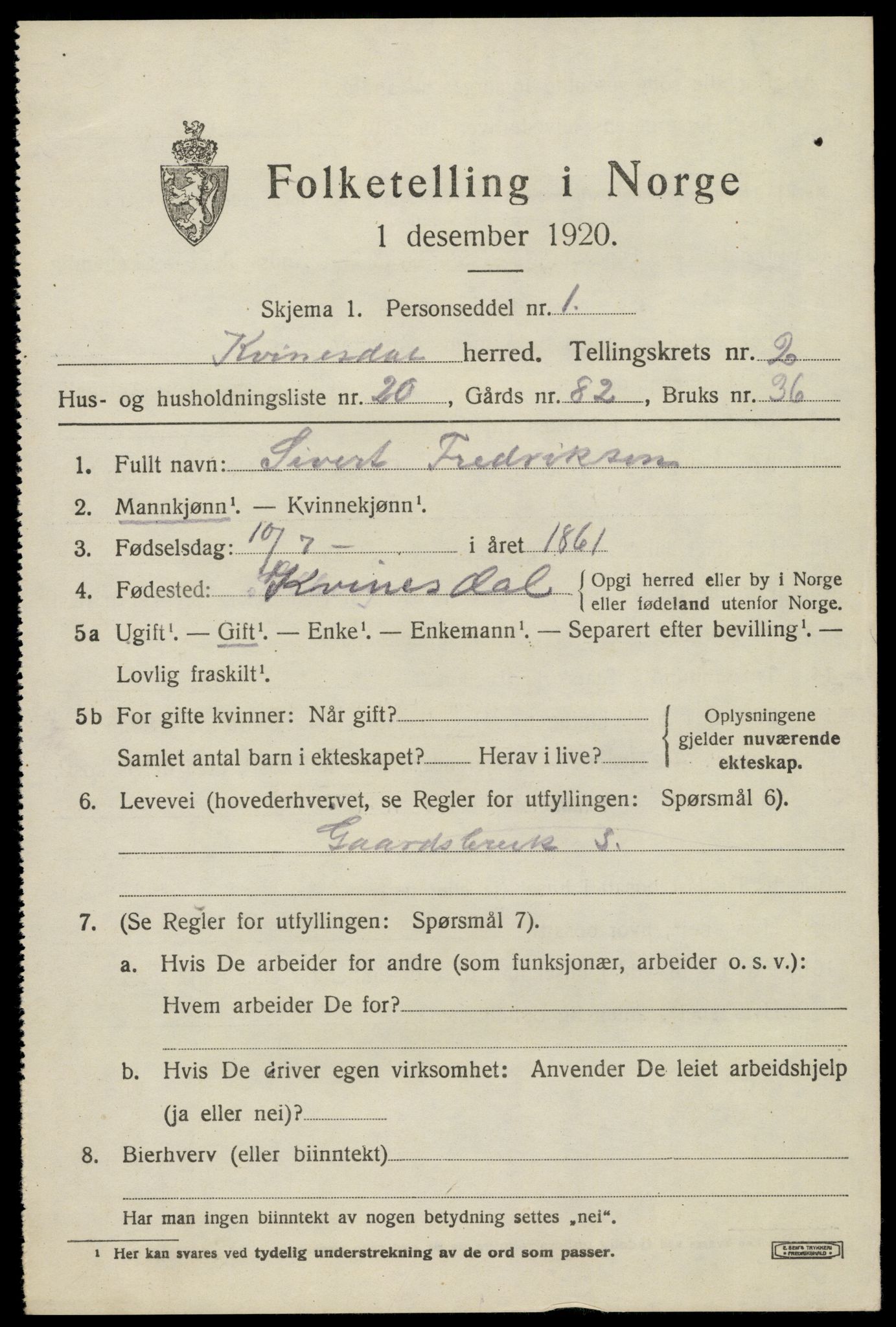 SAK, 1920 census for Kvinesdal, 1920, p. 2091