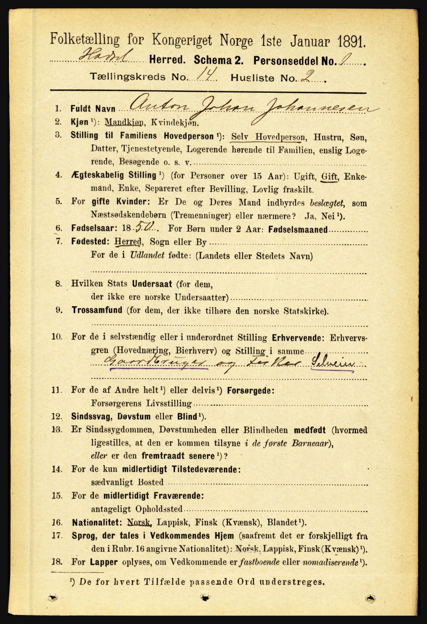 RA, 1891 census for 1866 Hadsel, 1891, p. 6324