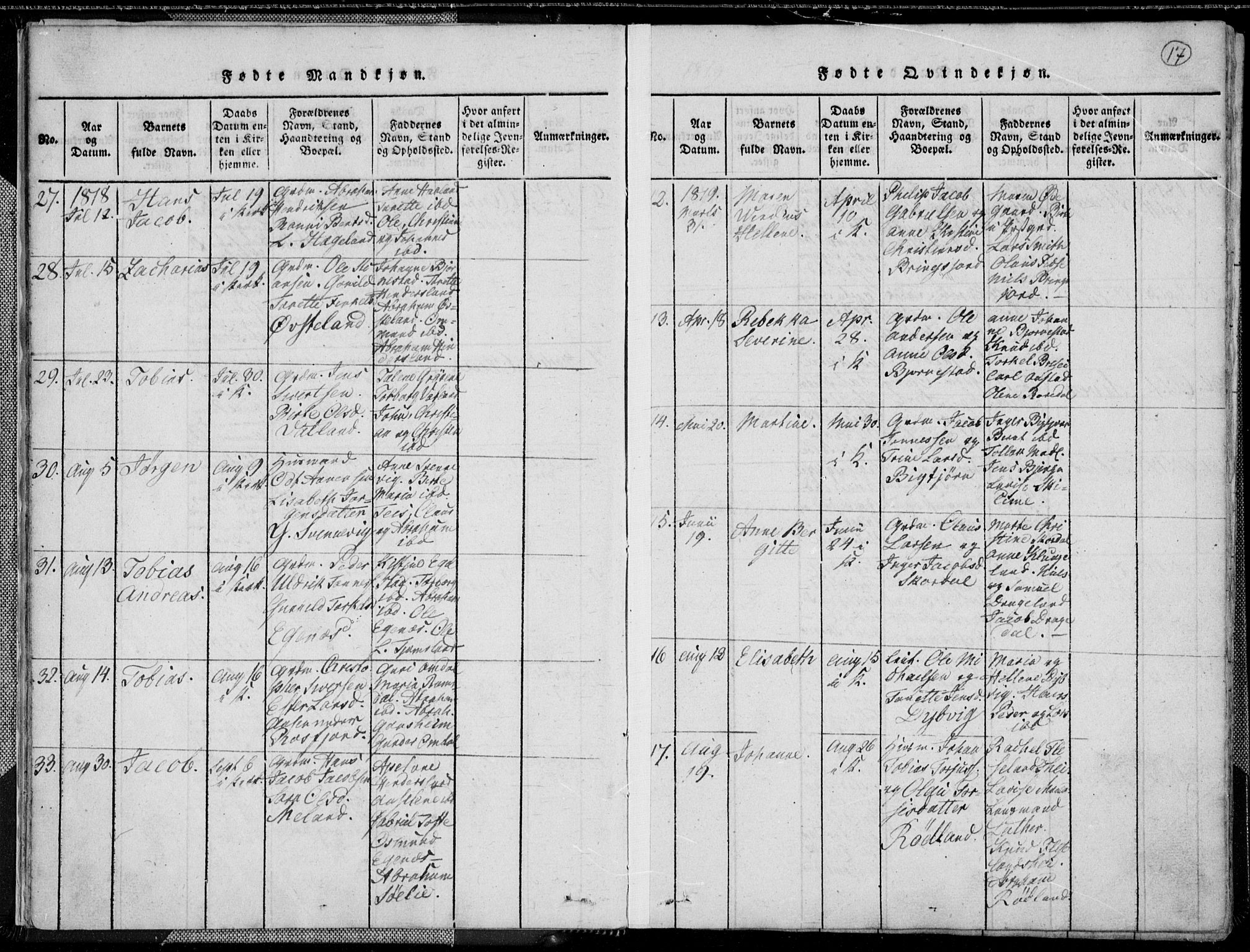 Lyngdal sokneprestkontor, AV/SAK-1111-0029/F/Fa/Fac/L0006: Parish register (official) no. A 6, 1815-1825, p. 17