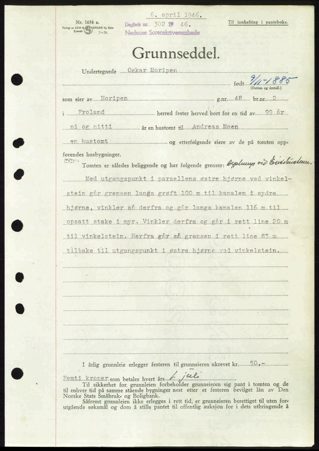 Nedenes sorenskriveri, AV/SAK-1221-0006/G/Gb/Gba/L0054: Mortgage book no. A6c, 1946-1946, Diary no: : 302/1946