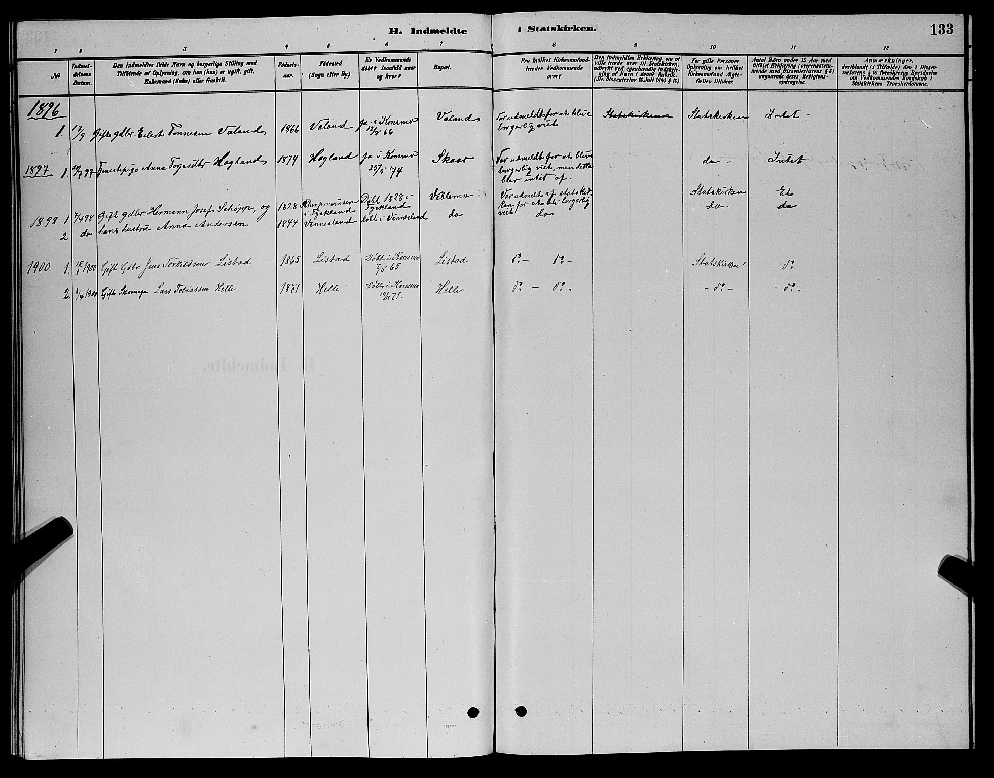 Nord-Audnedal sokneprestkontor, AV/SAK-1111-0032/F/Fb/Fba/L0003: Parish register (copy) no. B 3, 1881-1900, p. 133