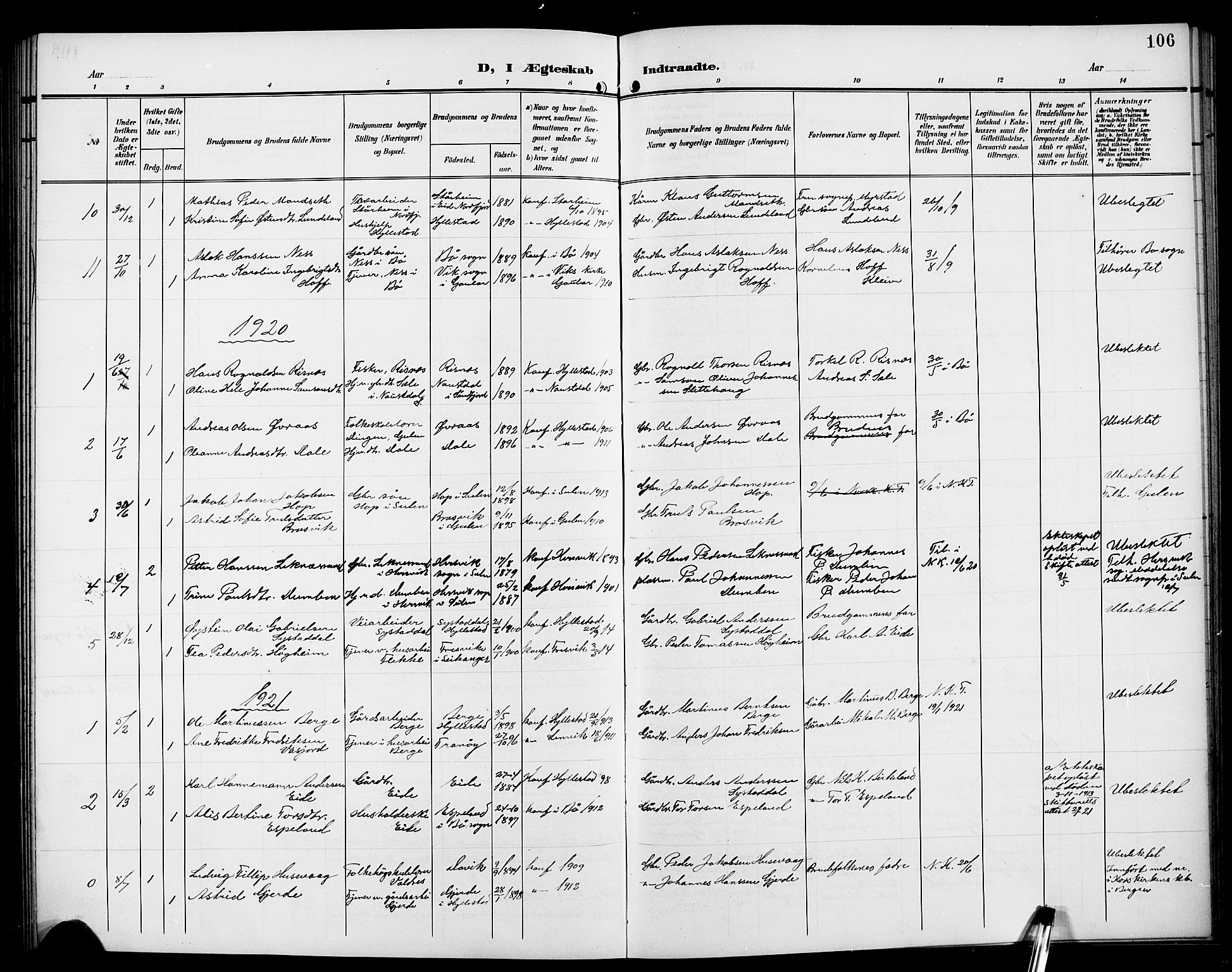 Hyllestad sokneprestembete, SAB/A-80401: Parish register (copy) no. A 3, 1906-1925, p. 106