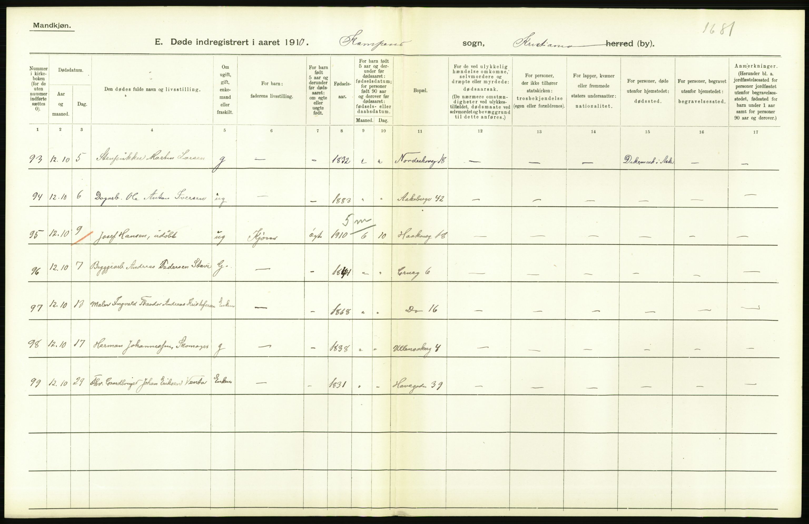 Statistisk sentralbyrå, Sosiodemografiske emner, Befolkning, RA/S-2228/D/Df/Dfa/Dfah/L0008: Kristiania: Døde, 1910, p. 612