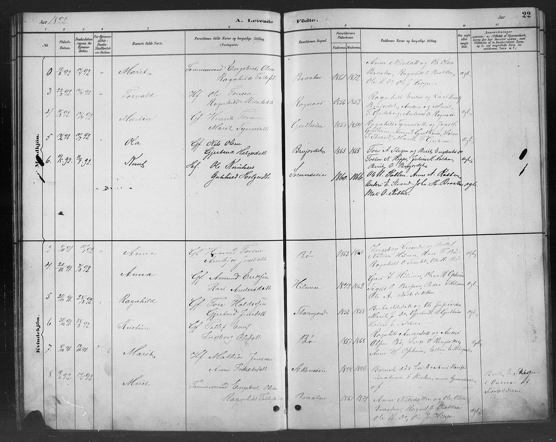 Nord-Aurdal prestekontor, AV/SAH-PREST-132/H/Ha/Hab/L0008: Parish register (copy) no. 8, 1883-1916, p. 22