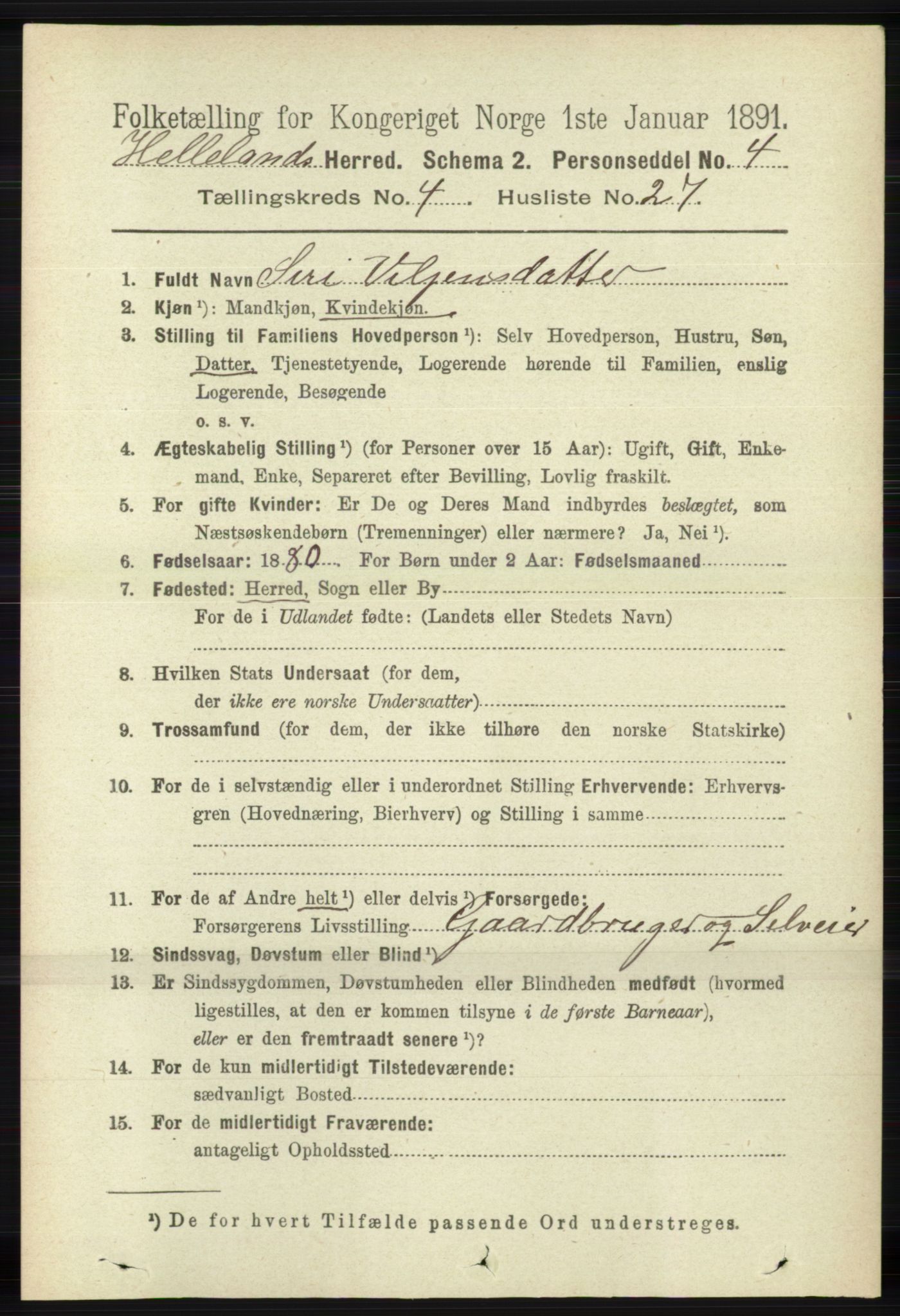 RA, 1891 census for 1115 Helleland, 1891, p. 1324