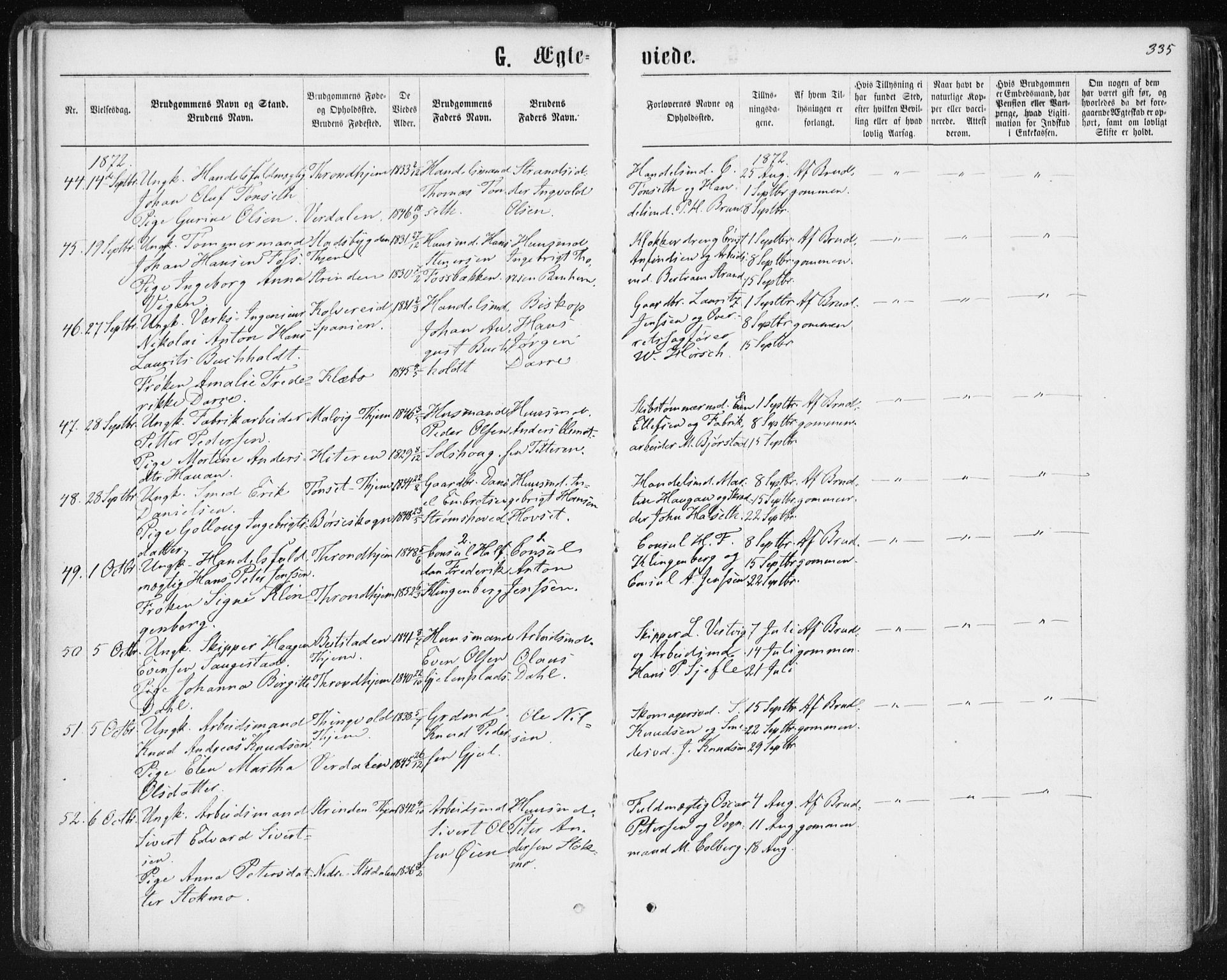 Ministerialprotokoller, klokkerbøker og fødselsregistre - Sør-Trøndelag, SAT/A-1456/601/L0055: Parish register (official) no. 601A23, 1866-1877, p. 335