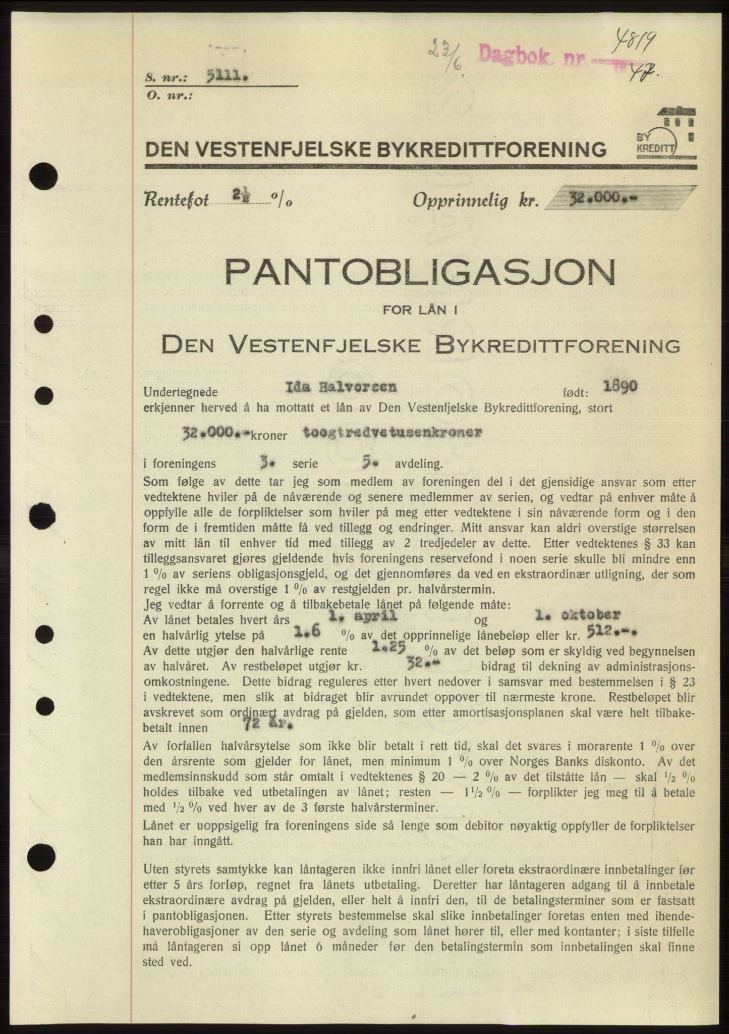 Byfogd og Byskriver i Bergen, AV/SAB-A-3401/03/03Bd/L0003: Mortgage book no. B29-39, 1947-1950, Diary no: : 4819/1947