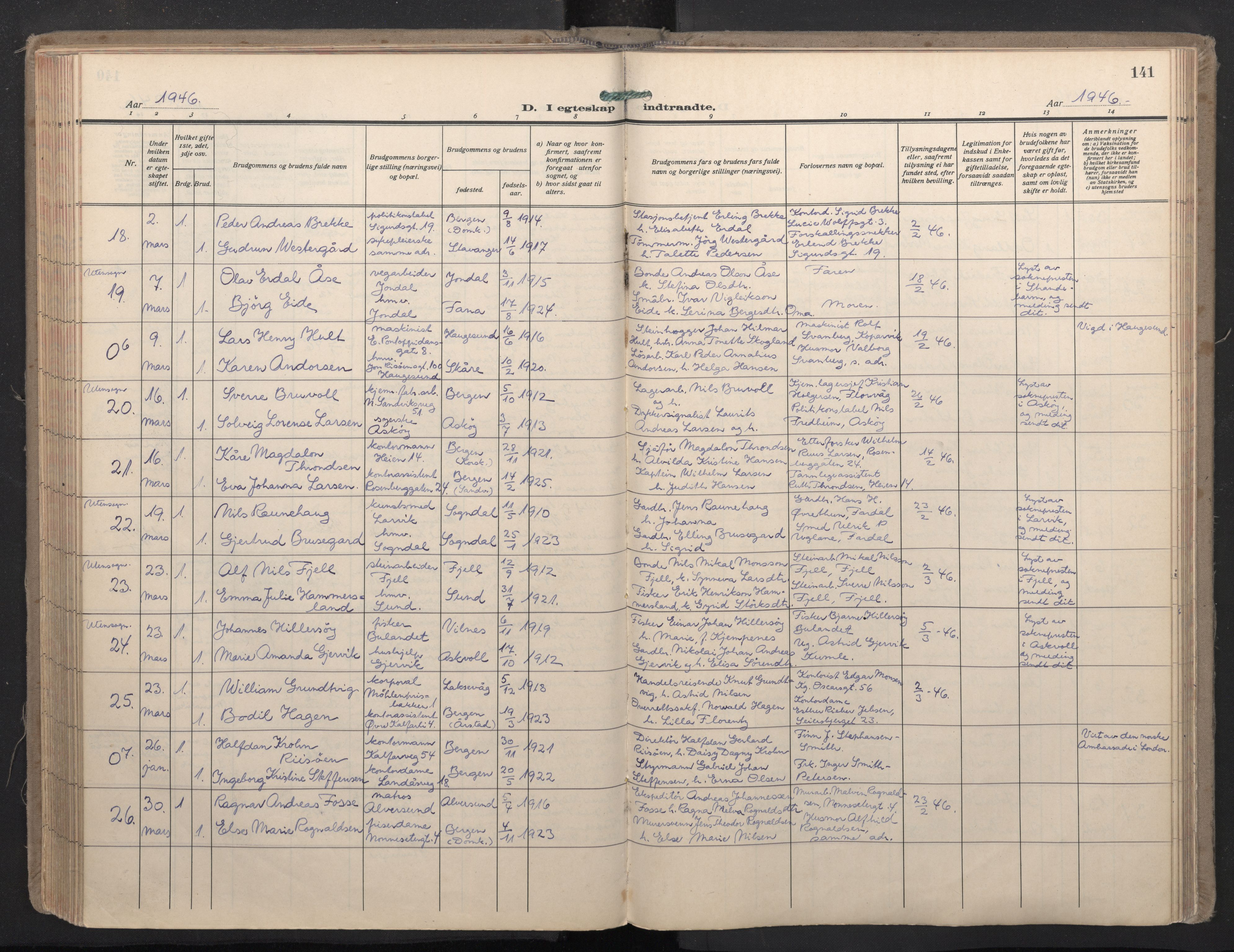Domkirken sokneprestembete, SAB/A-74801/H/Haa: Parish register (official) no. D 7, 1937-1950, p. 140b-141a