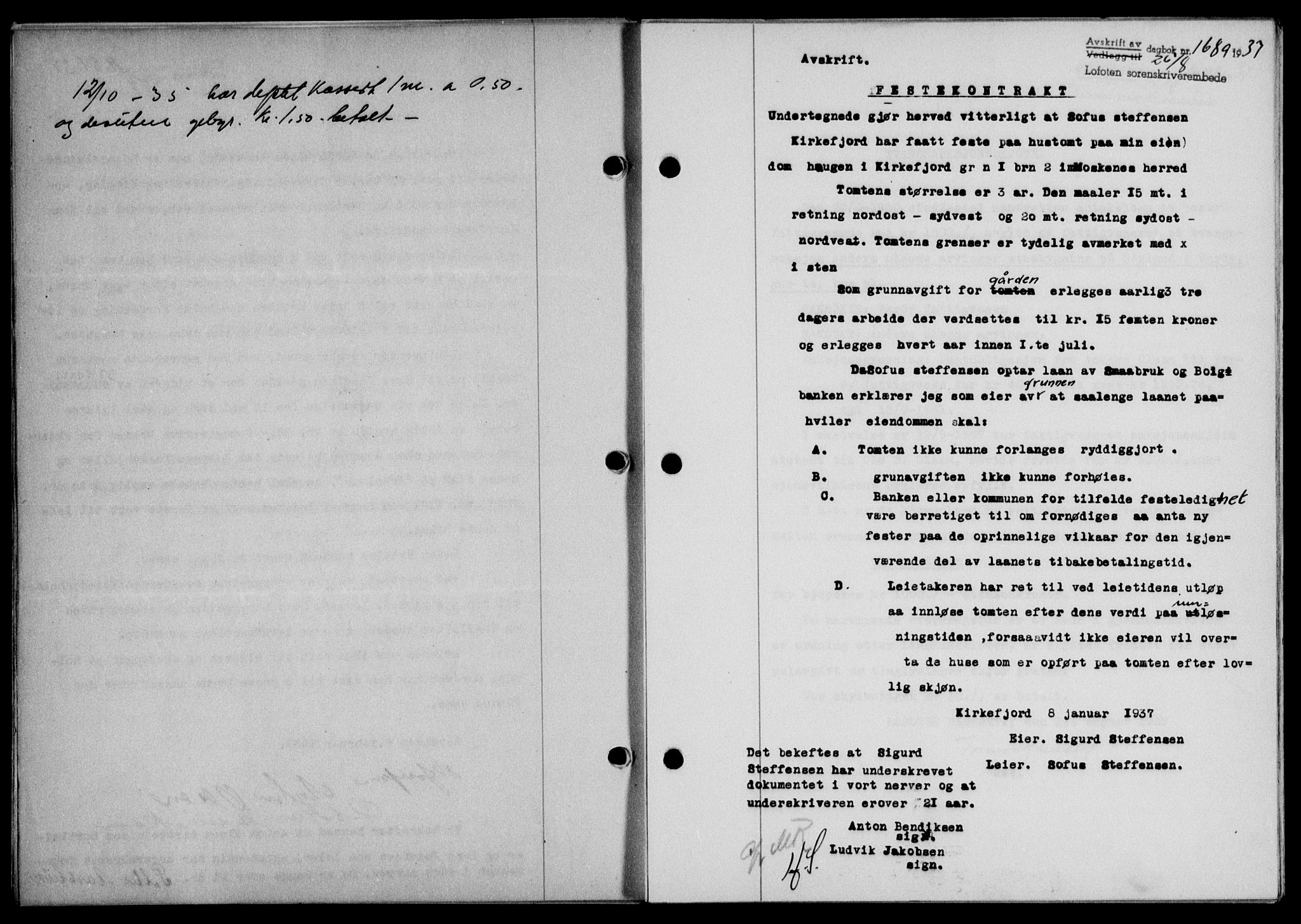 Lofoten sorenskriveri, SAT/A-0017/1/2/2C/L0002a: Mortgage book no. 2a, 1937-1937, Diary no: : 1689/1937